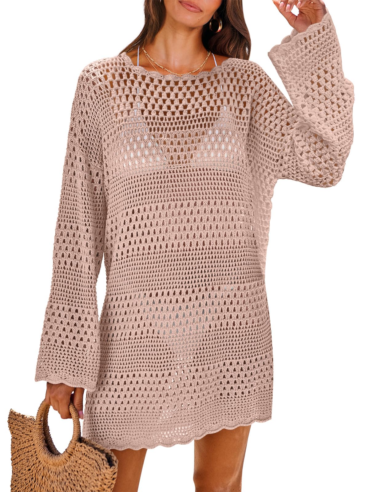 anrabess Women Swimsuit Crochet Swim Cover Up Summer Bathing Suit Swimwear Knit Pullover Beach Dress, Pink, Large-picture-18