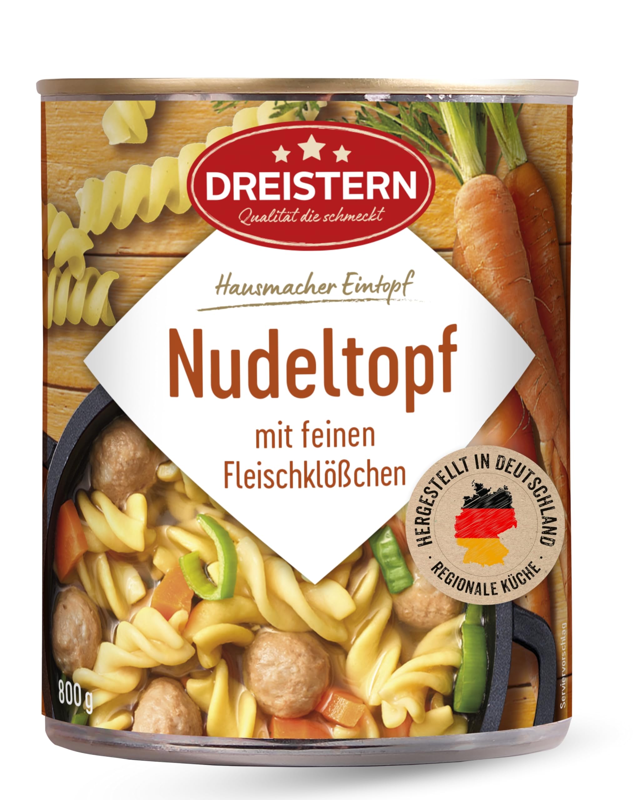 DREISTERN Nudeltopf 800g I Mit Fleischbällchen & Gemüse I Herzhafter Eintopf in recyclebarer Konservendose I Lange Haltbarkeit dank natürlicher Konservierung I Hausmacher Qualität
