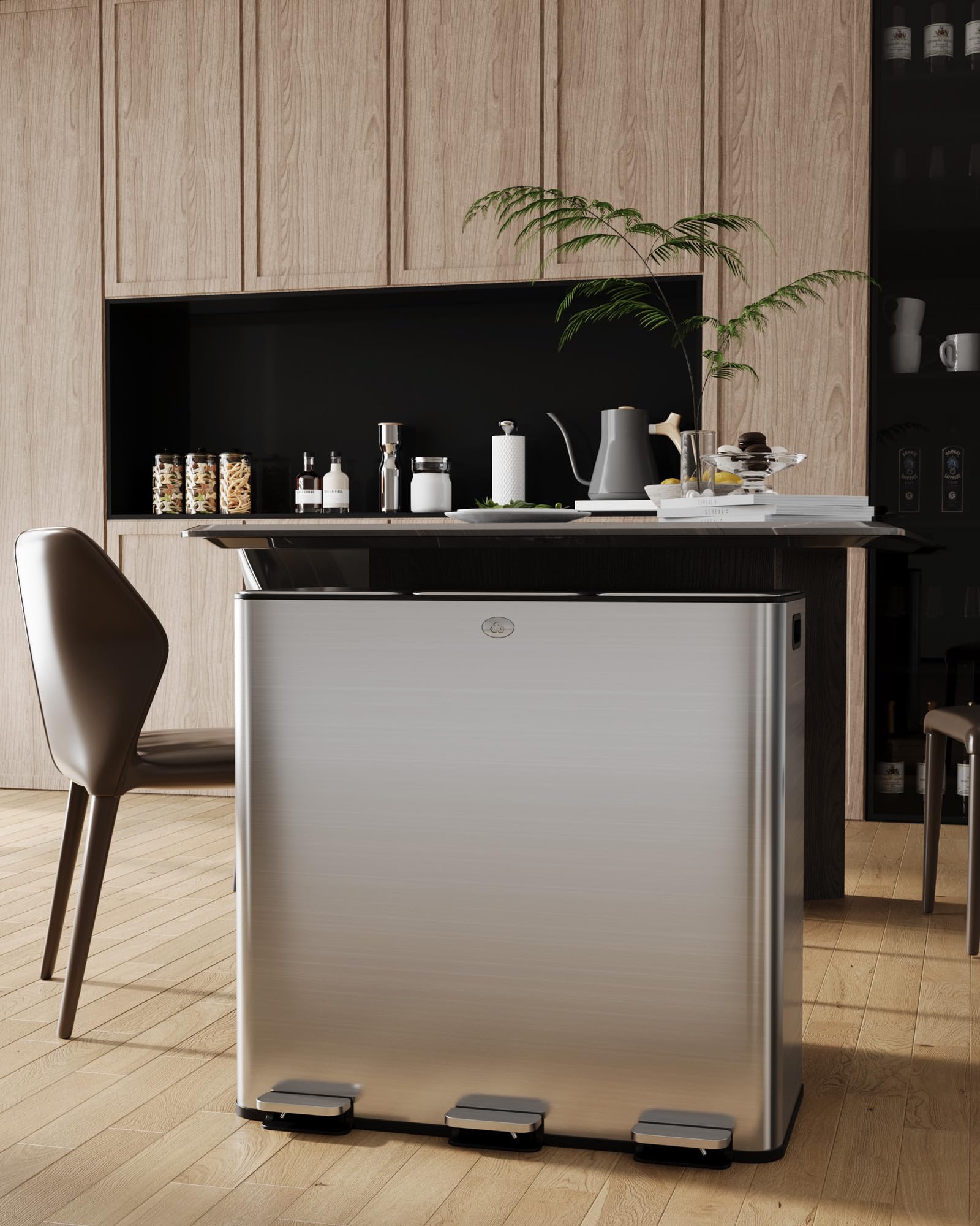 90L Three Compartment Trash Can with Soft-Close Lid Rectangle Step Trash Can Fingerprint-Resistant Stainless Steel Garbage Bin for