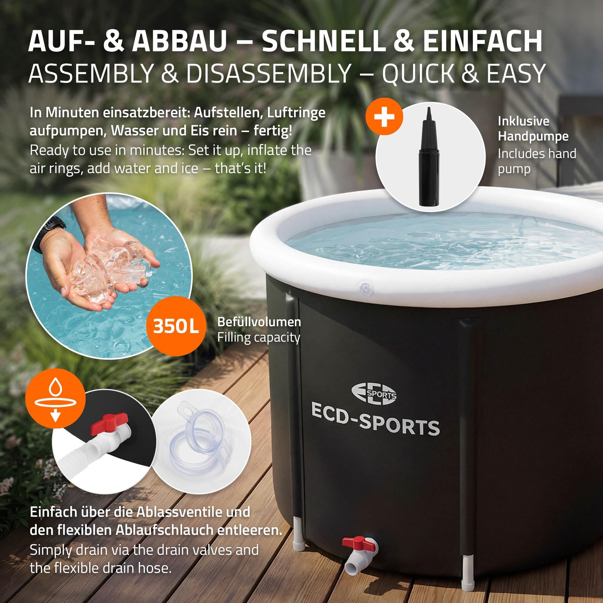 ECD Germany Vasca per Bagno di Ghiaccio Ø80 cm, Pieghevole, Set Completo con Isolamento, Vasca per Immersione 350L, Tinozza per Terapia del Freddo e Crioterapia, Portatile per Interno ed Esterno
