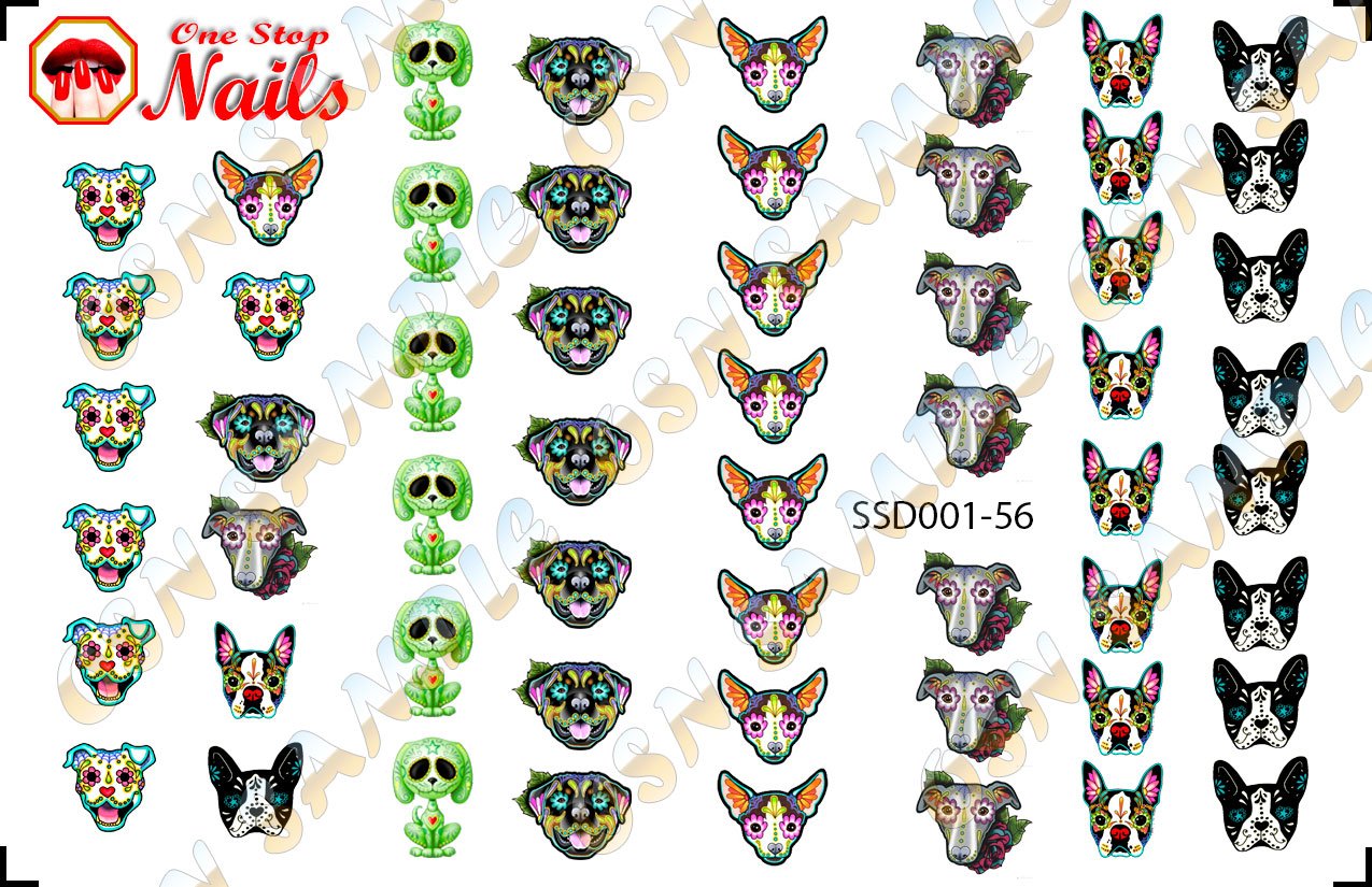 Sugar Skull Dog Nail Art Decals (Tattoo). Set of 56 Clear waterslide nail art decals. Dia de los Muertos. SSD001-56 by One Stop Nails