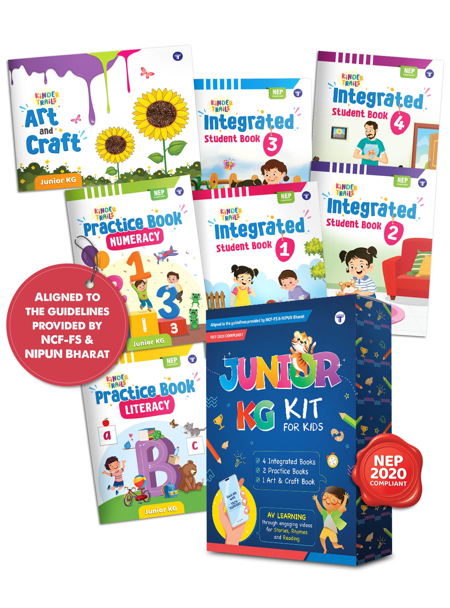 Pre-school Junior KG Kit for Kids 4+ years | Pre-Primary/Kindergarten - Integrated, Art & Craft, Literacy & Numeracy Practice Books | Free Kinder Trails App | NEP 2020 Compliant | Boxset of 7 Books