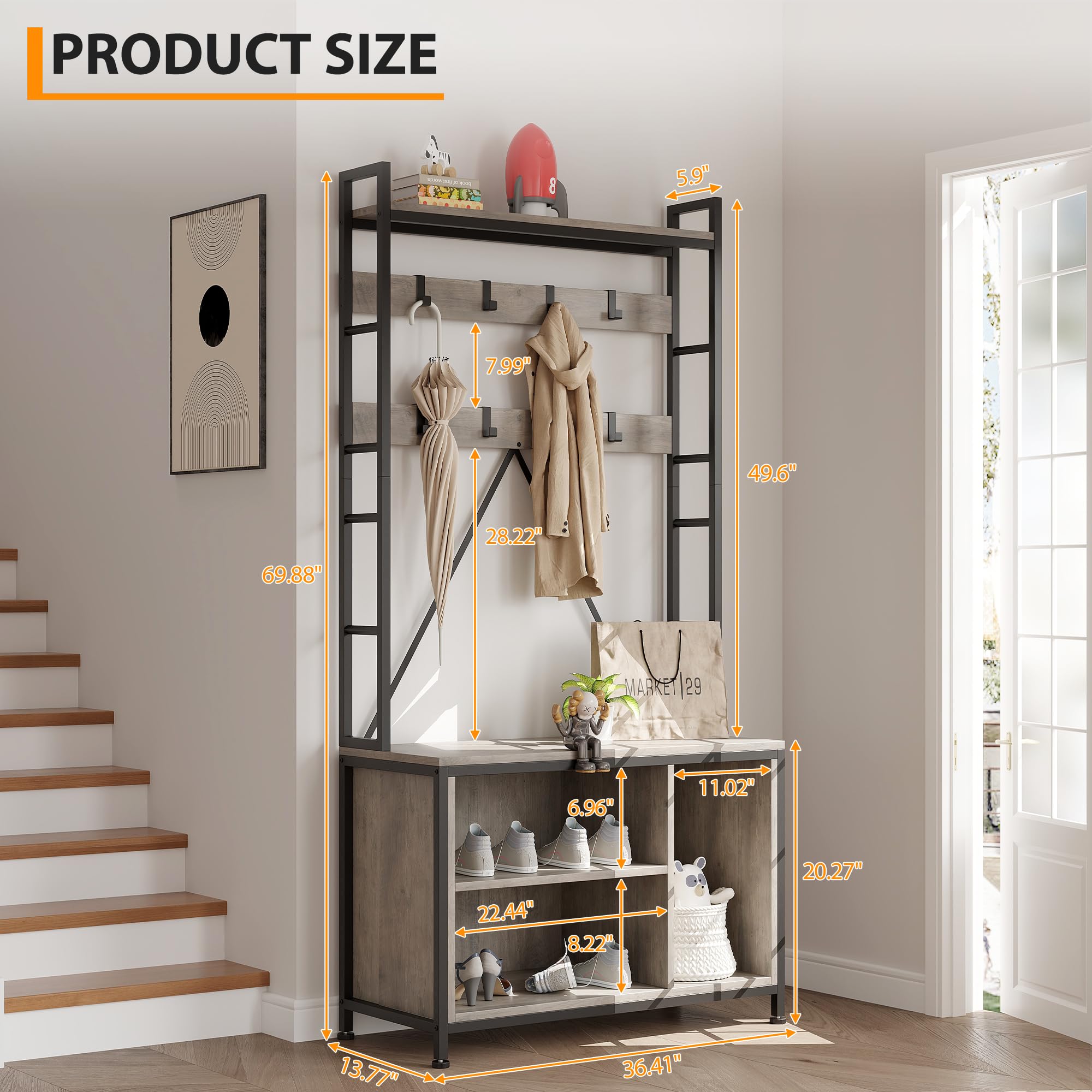 Garvee Perchero Recibidor Con Banco y Zapatero, Mueble Entrada Industrial De Madera y Metal, Organizador Con Estante y Ganchos, Perchero Independiente De Pie Para Entrada y Pasillo, Gris