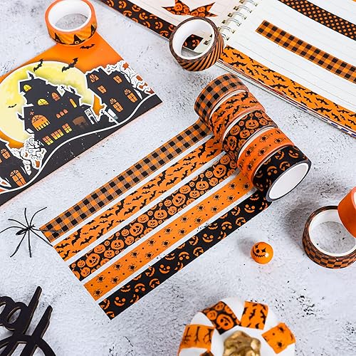 Miniatura 5 de Whaline 12 rollos de cinta Washi de Halloween, diseño de rayas, rayas, rayas, calabaza, araña, cinta decorativa negra y naranja para Halloween,