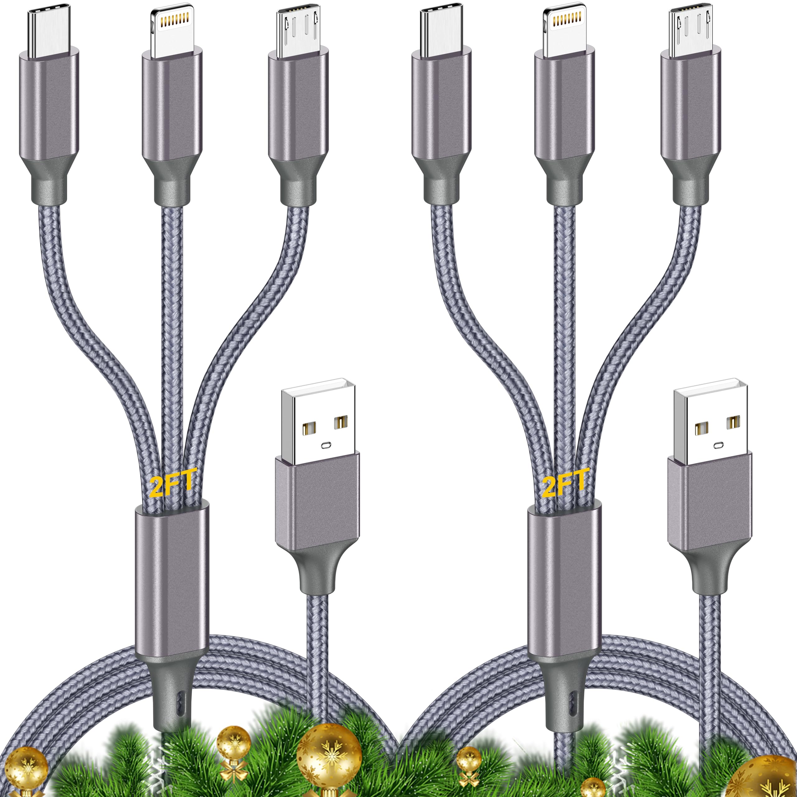 Multi Charging Cable 2ft 2Pack 3 in 1 USB Charging Cable for Multiple Devices Braided Universal Phone Charger