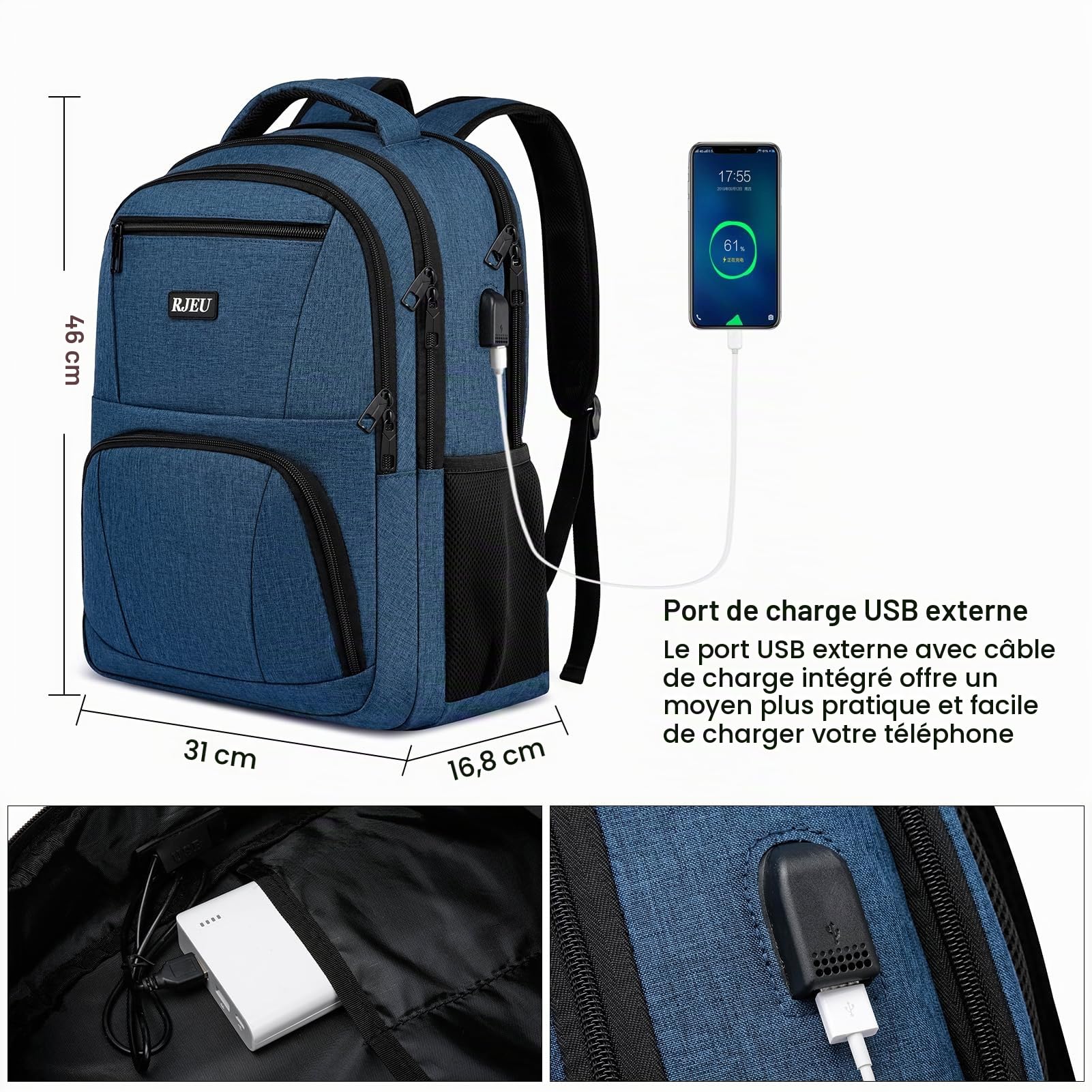 Sac a Dos Homme, Sac à Dos Ordinateur Portable 15.6 Pouces avec USB Charging Port Imperméable Antivol, Sac a Dos Ecole pour Loisir, College, Affaire