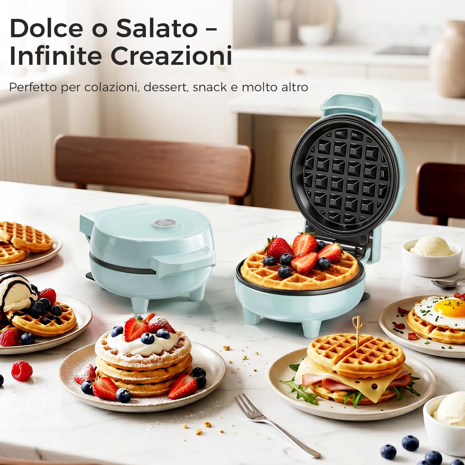 YASHE Mini piastra per waffle, 550 W, mini macchina per waffle con rivestimento antiaderente, spia di controllo, manico Cool Touch, piastra per waffle compatta per colazione, dessert e snack, blu