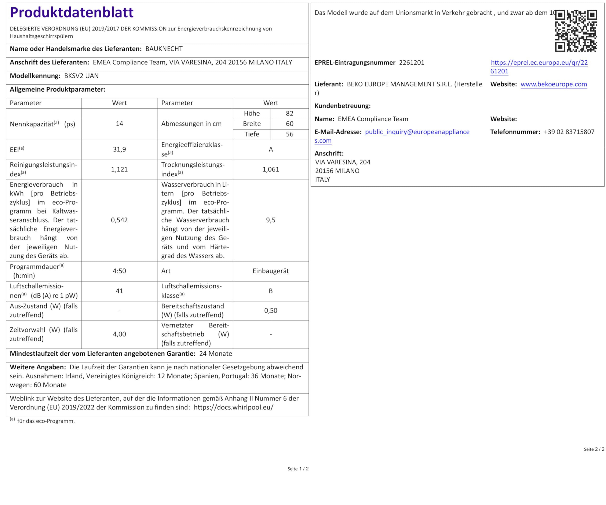 Bauknecht BKSV2 UAN Unterbau-Geschirrspüler /60 cm/ActiveDry – automatisches Türöffnungssystem/MultiZone – separates Ober- oder Unterkorbspülen/Startzeitvorwahl/Vollwasserschutz/Edelstahl