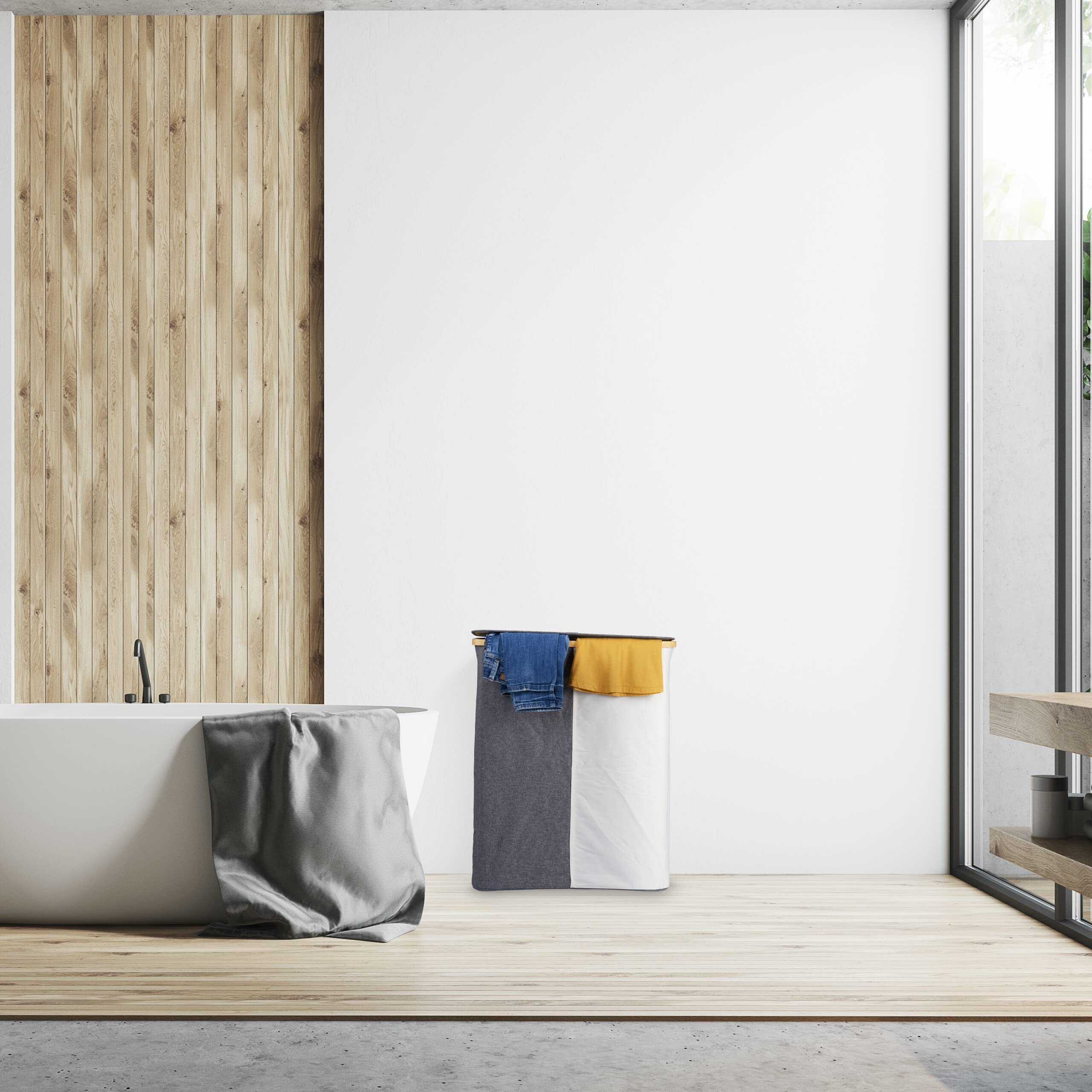Relaxdays Cesto Portabiancheria con Coperchio, 110 L, con 2 Scomparti, in bambù e Poliestere Sacco a Rete, Grigio Bianco