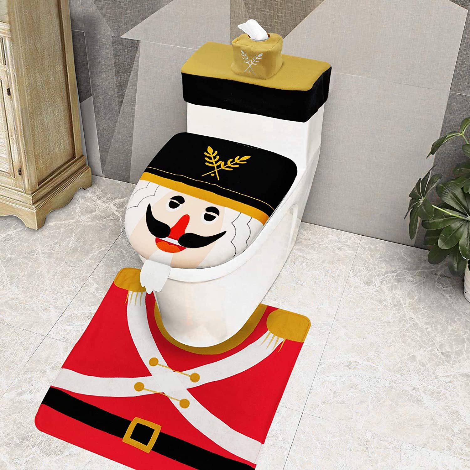 TURNMEON 4 Pieces Christmas Toilet Seat Cover Decorations, 3D Beard Nutcrackers Funny Christmas Toilet Seat Lid Cover and Rug Set Christmas Decoration Bathroom Home Indoor Xmas Decor