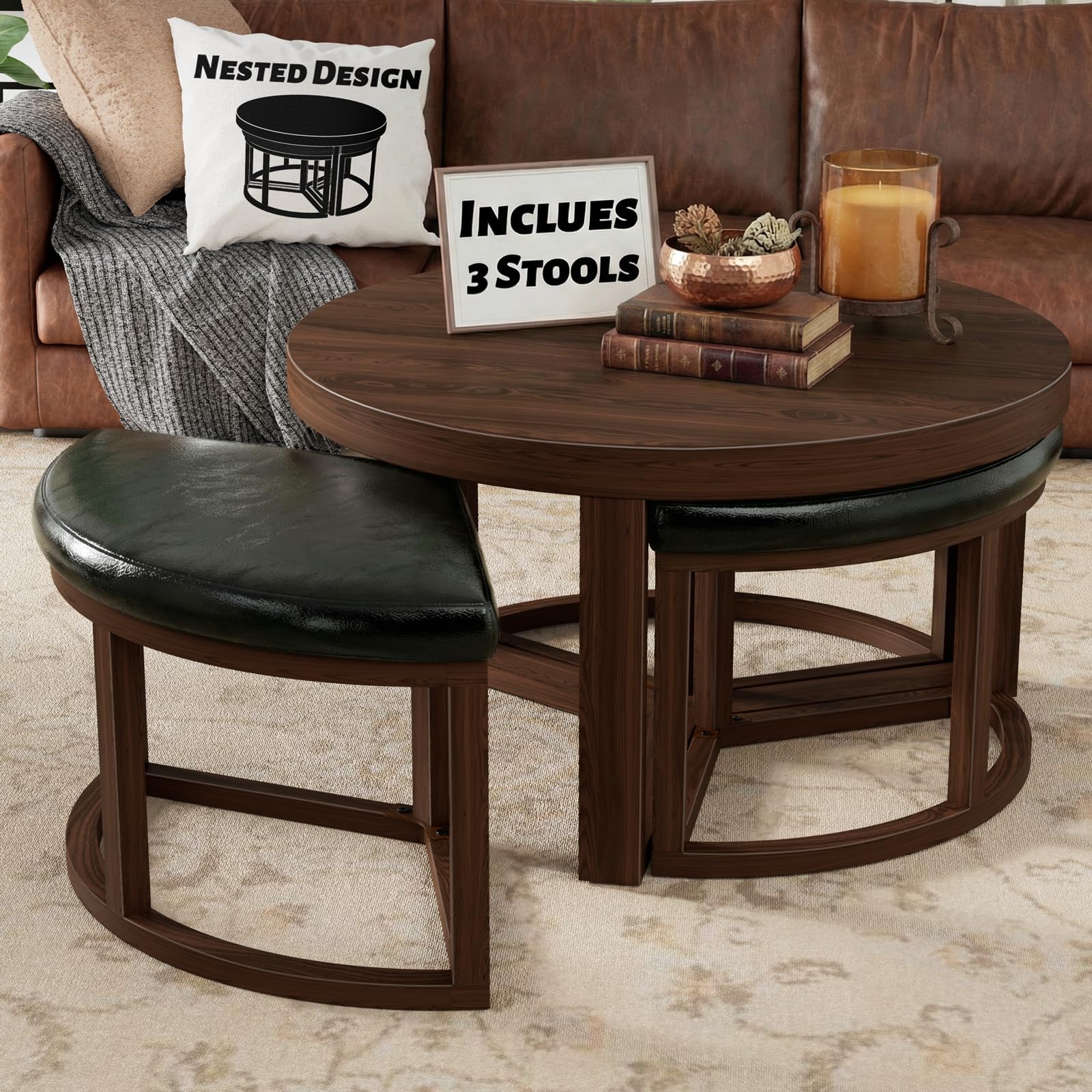 30 Inch Round Coffee Table with Stools - Small Modern Tables Set with 3 Chairs Ottomans Seating Seats Walnut Wood