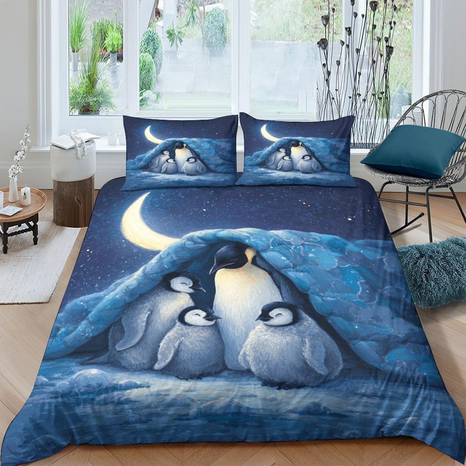 Ctjqhvkz Style-8 3D Printed Moon Night Penguin Fitted Sheet Microfiber Soft Anti-Slip Bed Sheet For Bedroom Dorm Decor Single（135X200cm）