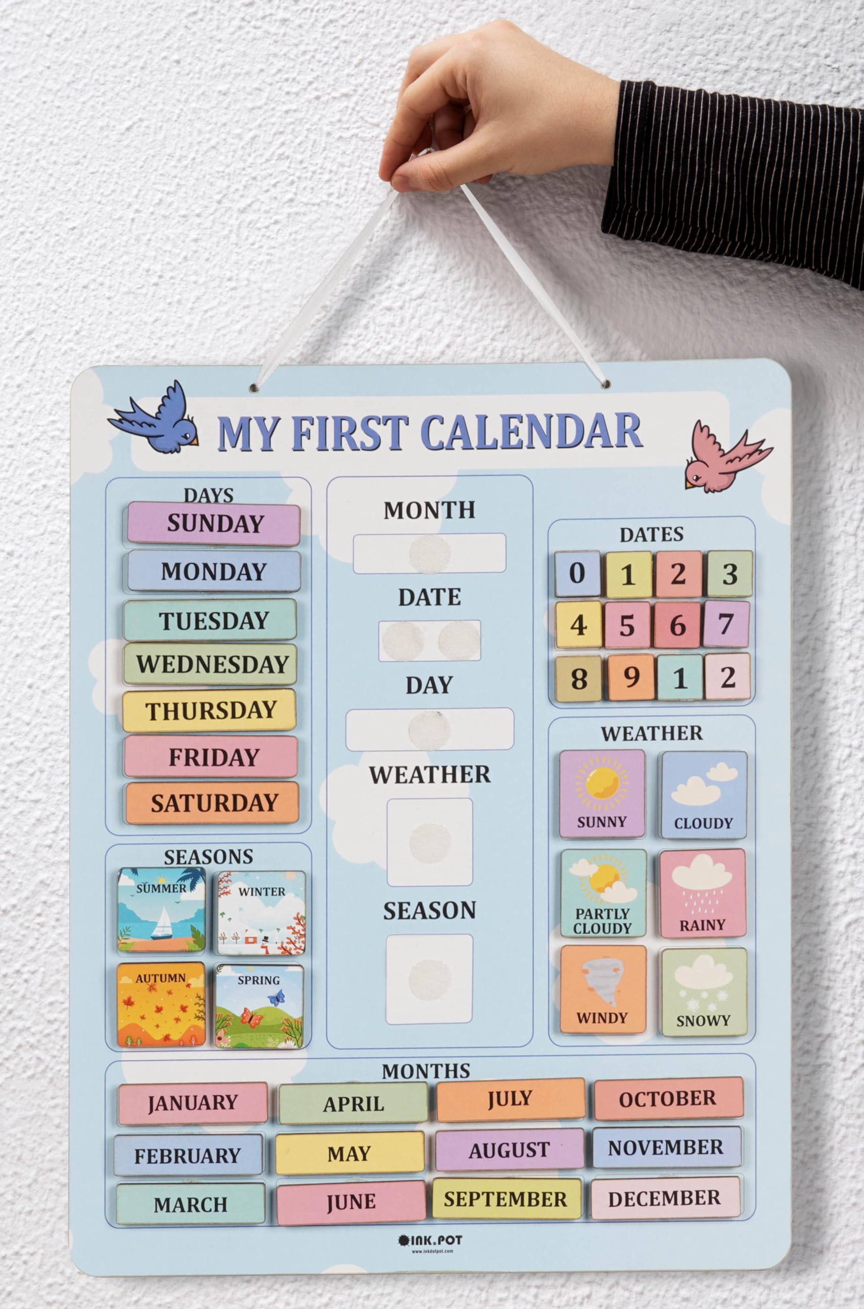 Inkdotpot My First Calendar Board For Kids, Preschool Wall Hanging Month/Date/Day/Weather/Season (42 Pieces); Classroom Learning Calendar Board, 14.5 x 11.5 inches-Light Blue - Image 2
