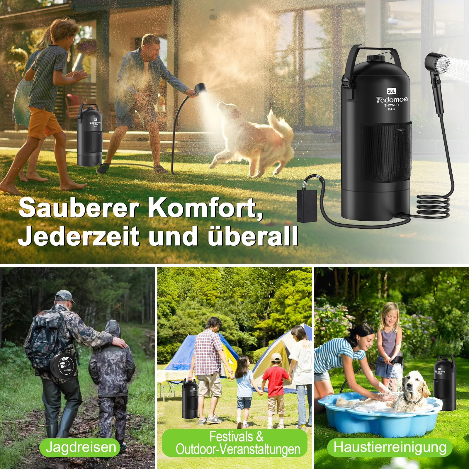 20L Camping dusche mit pumpe, 2000mAh Solardusche mit Camping Tasche Und Düse, für Camping Strand Wandern Reise