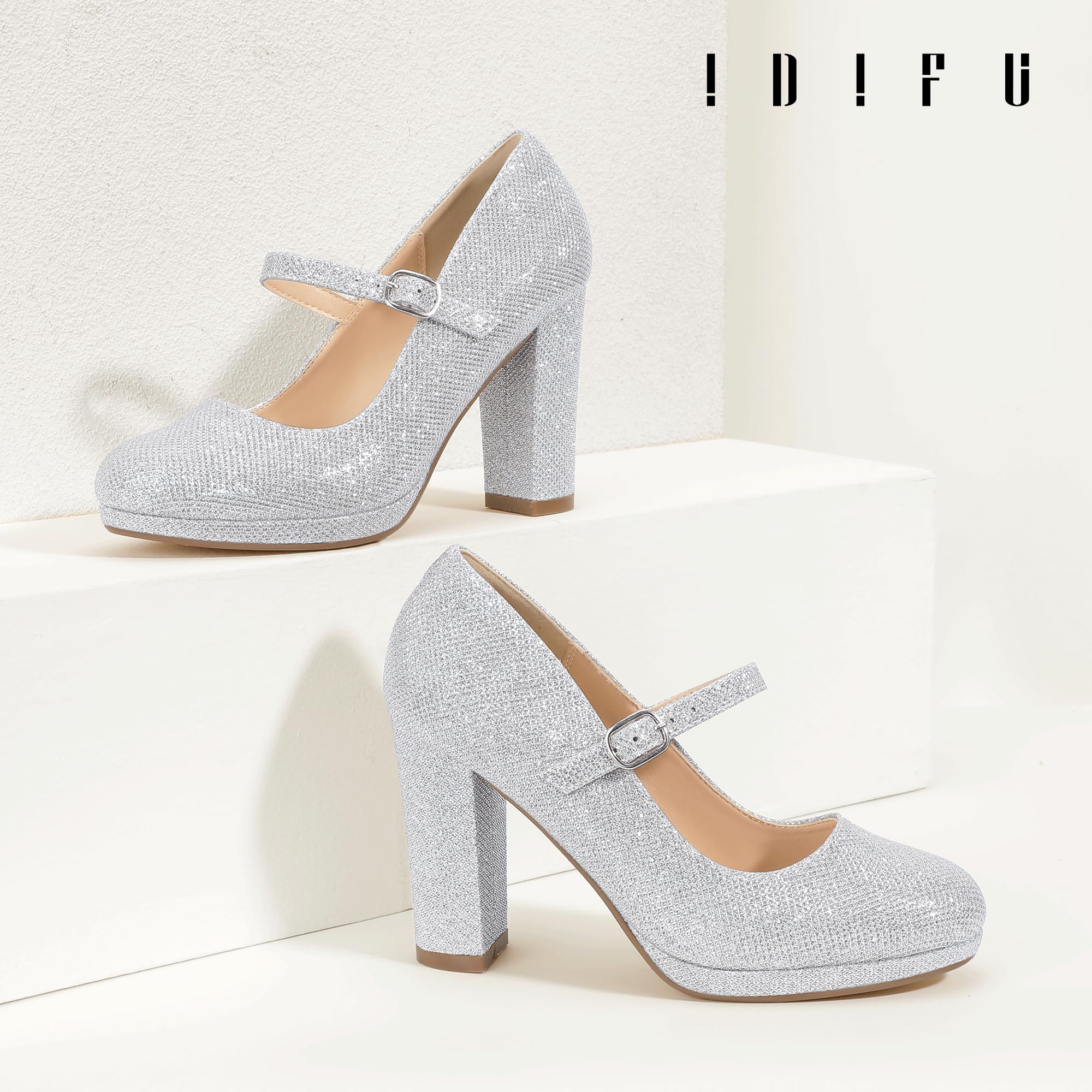 IDIFU IN4 Mary Jane Shoes Closed Toe Heels Platform High Chunky Block Heels Women's Pumps Comfortable Dress Shoes for Women Wedding Bridal Work Fashion Round Toe Pumps Shoes: 7.5 Silver Glitter