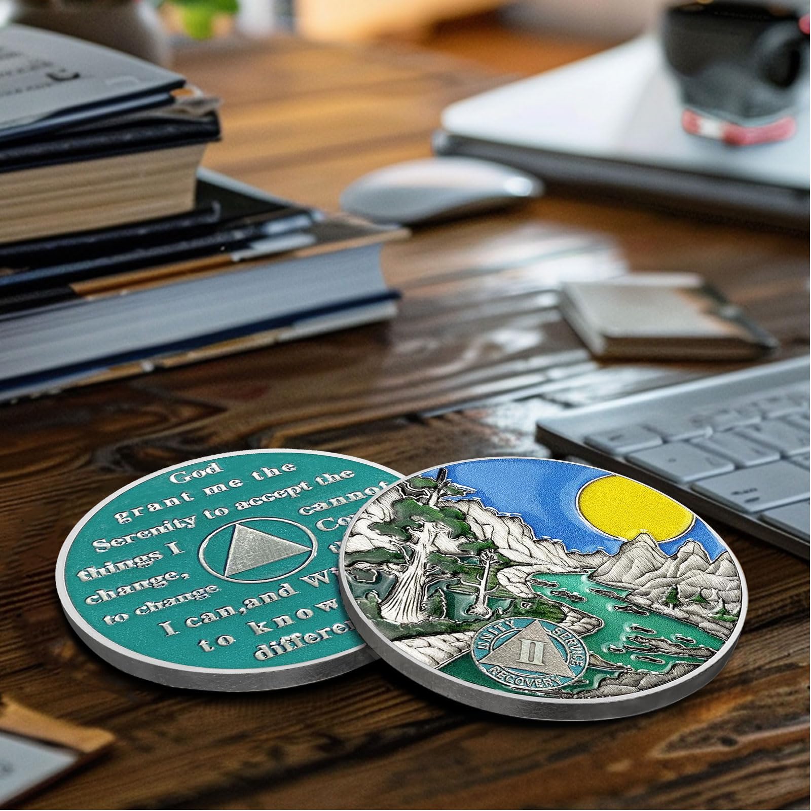 AtSKnSK Moneda de sobriedad de 1 a 10 años con regalos de sobriedad del río forestal para mujeres y hombres, chips AA y medallones, regalo de recuperación de alcohólicos anónimos (2 años)