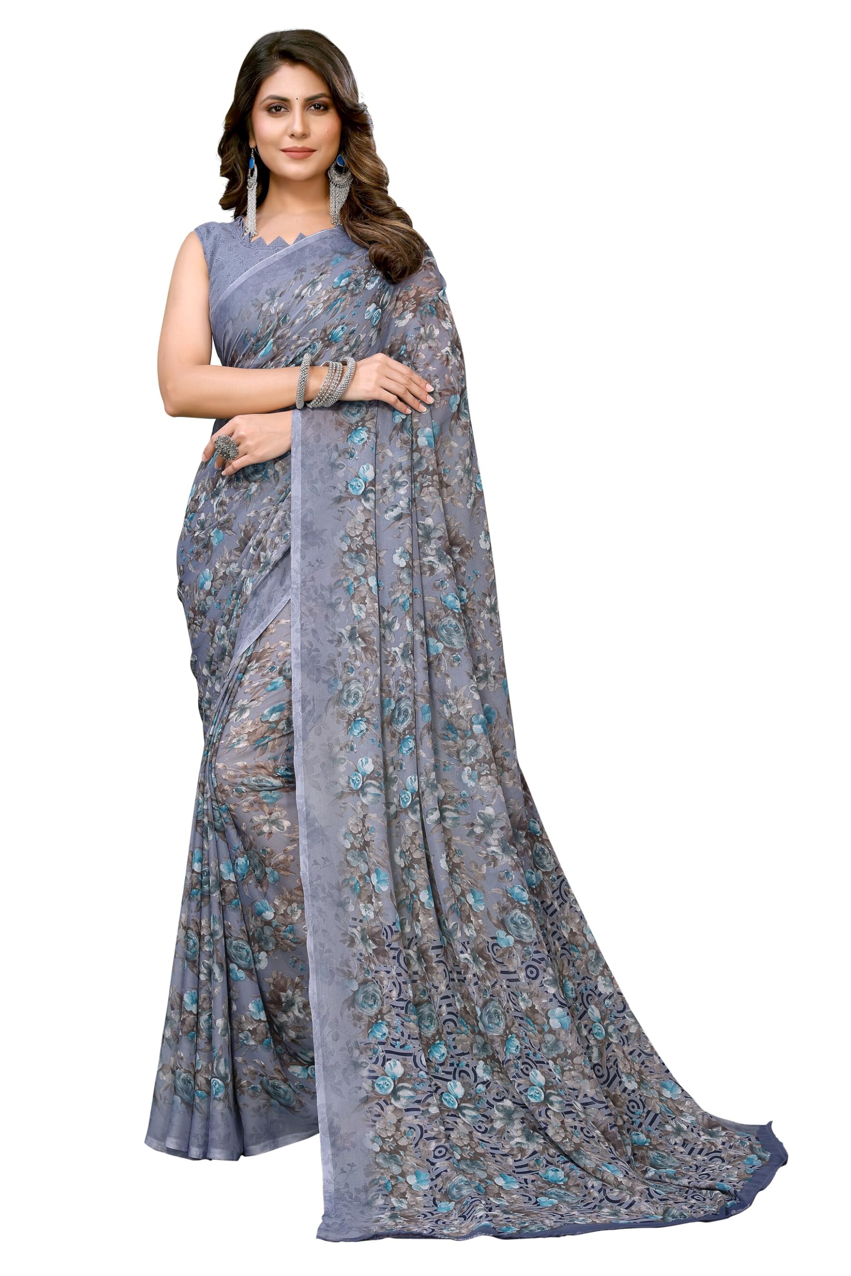 Yashika Women's Trendy Printed Georgette Purple Color Saree with Blouse Material