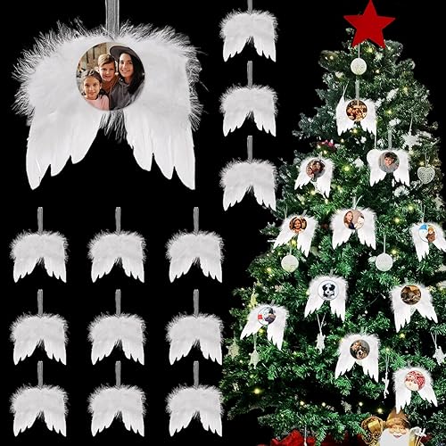 Adorno blanco de alas de ángel de Navidad con adorno redondo de sublimación alas de plumas de ángel adorno de sublimación decoración colgante para