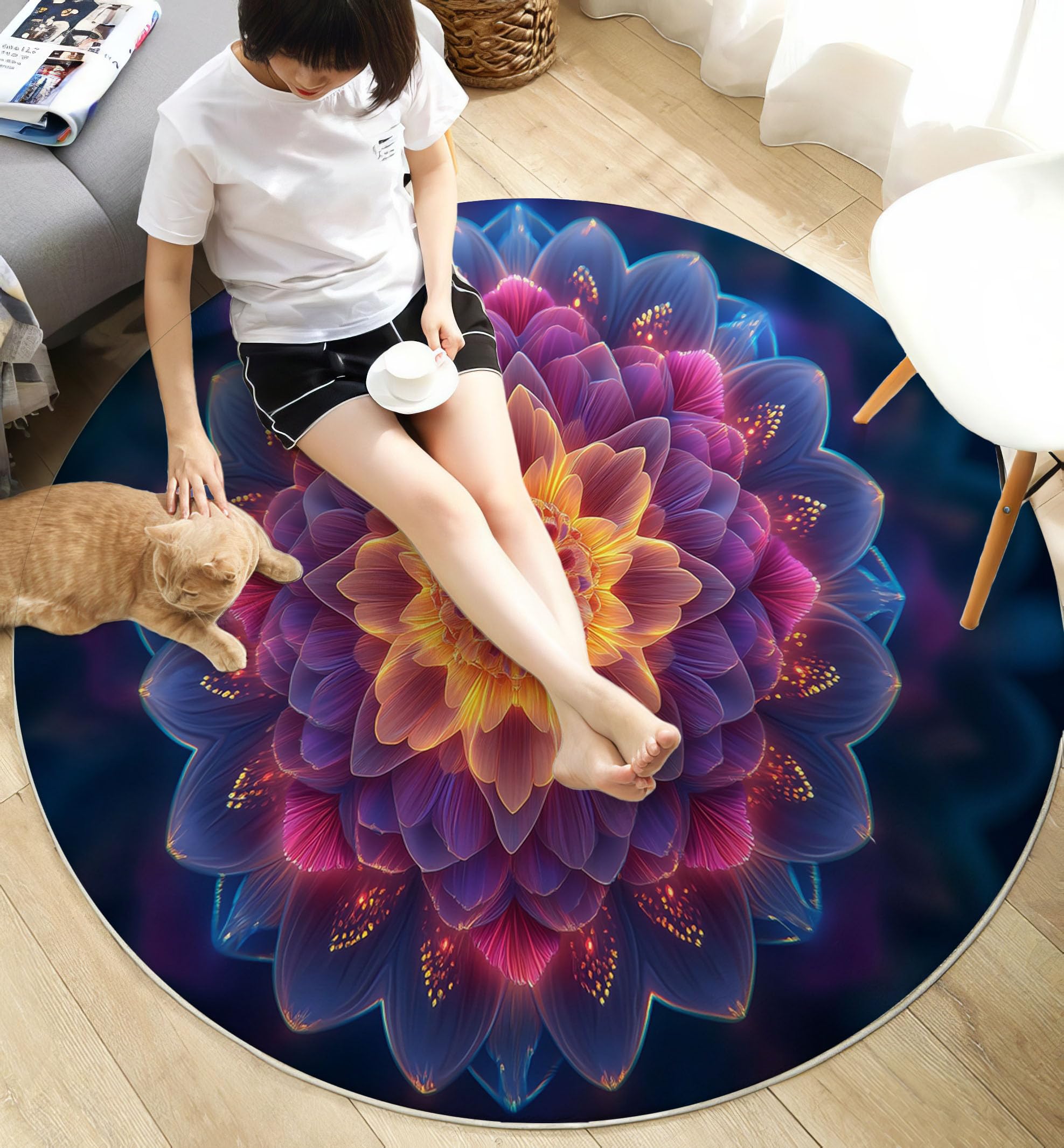 Tapis Rond 100cm, Microfibre Douce Tapis Circulaire Mandala, Moquette Salon Chambre, Imprimés Art Multicouche Pétales Antidérapant Lavable Moquette de Décoration, Bleu Violet