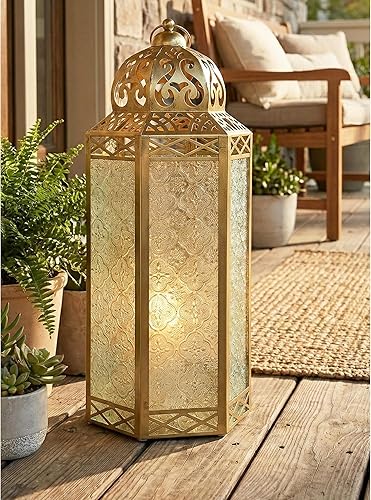 Miniatura 2 de VELA LANTERNS Farol Marroquí Decorativo de Metal Dorado Extra Grande de 16 pulgadas Portavelas Lámpara de Suelo - InteriorExterior, Decoración del
