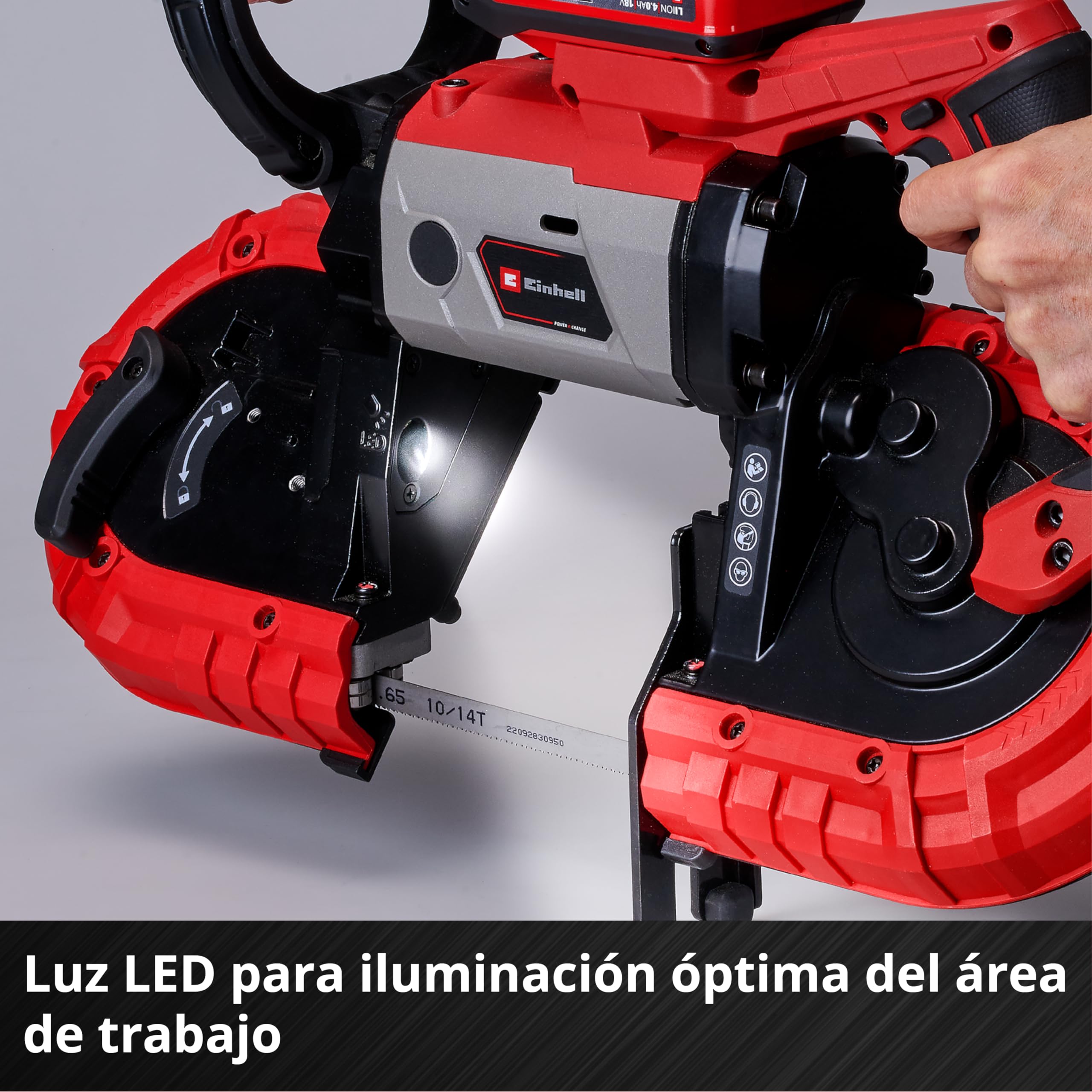 Einhell Sierra de banda con batería TE-MB 18/127 Li-Solo Power X-Change (18 V, 115 mm altura de corte, 127 mm anchura de corte, bastidor inferior, luz LED, incl. 2 bandas de sierra, sin batería)