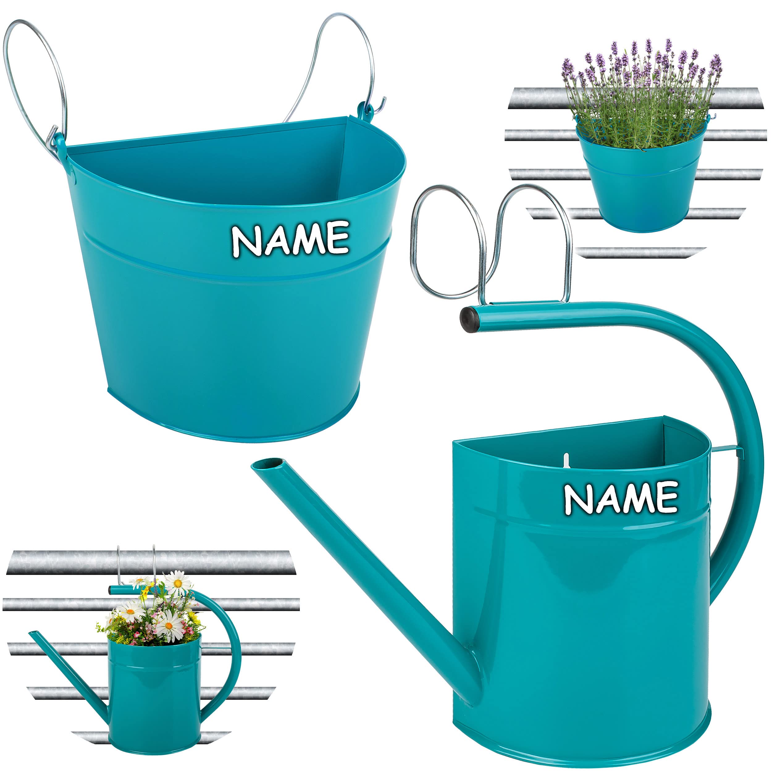 alles-meine.de GmbH 6 TLG. Set: Hänge - Töpfe Farbwahl Blumentopf/Wandvase/Hängetopf - Ø 35 cm - Metall - türkis blau/Mint - Gießkanne - HALB RUND - Hängend/mit Haken..