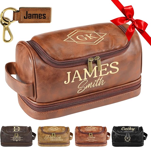Sac de toilette personnalisé pour hommes, Sac de toilettes personnalisé en cuir, Sac cosmétique de voyage gravé, Cadeaux pour hommes lui, Anniversaire, Groommen, Mari, Garçon, Graduation, Noël