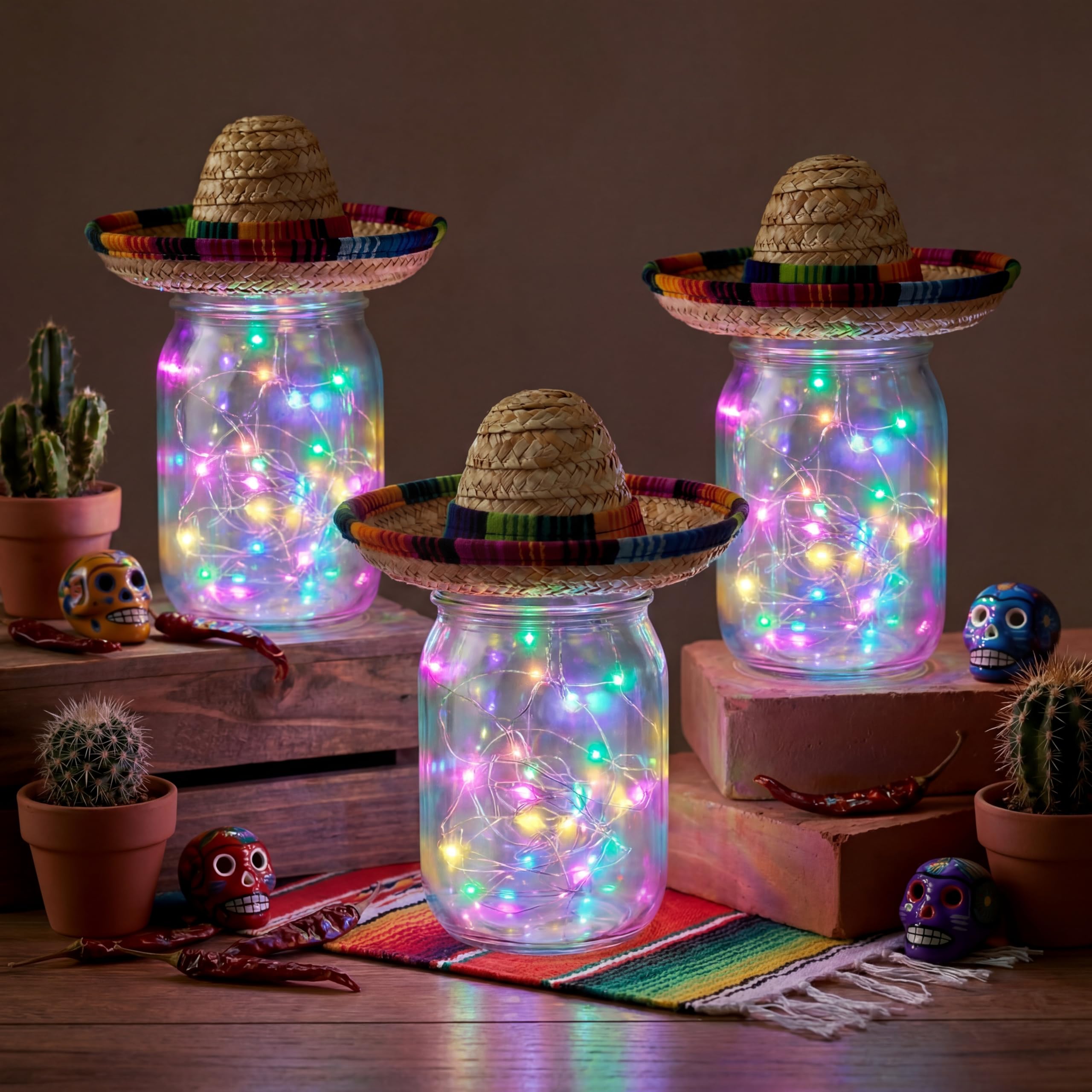 Set di 6 centrotavola messicani per feste messicane decorazioni per feste con barattoli di vetro, cappelli Sombrero, corde luminose per feste a tema taco, matrimoni, compleanni, giorno dei