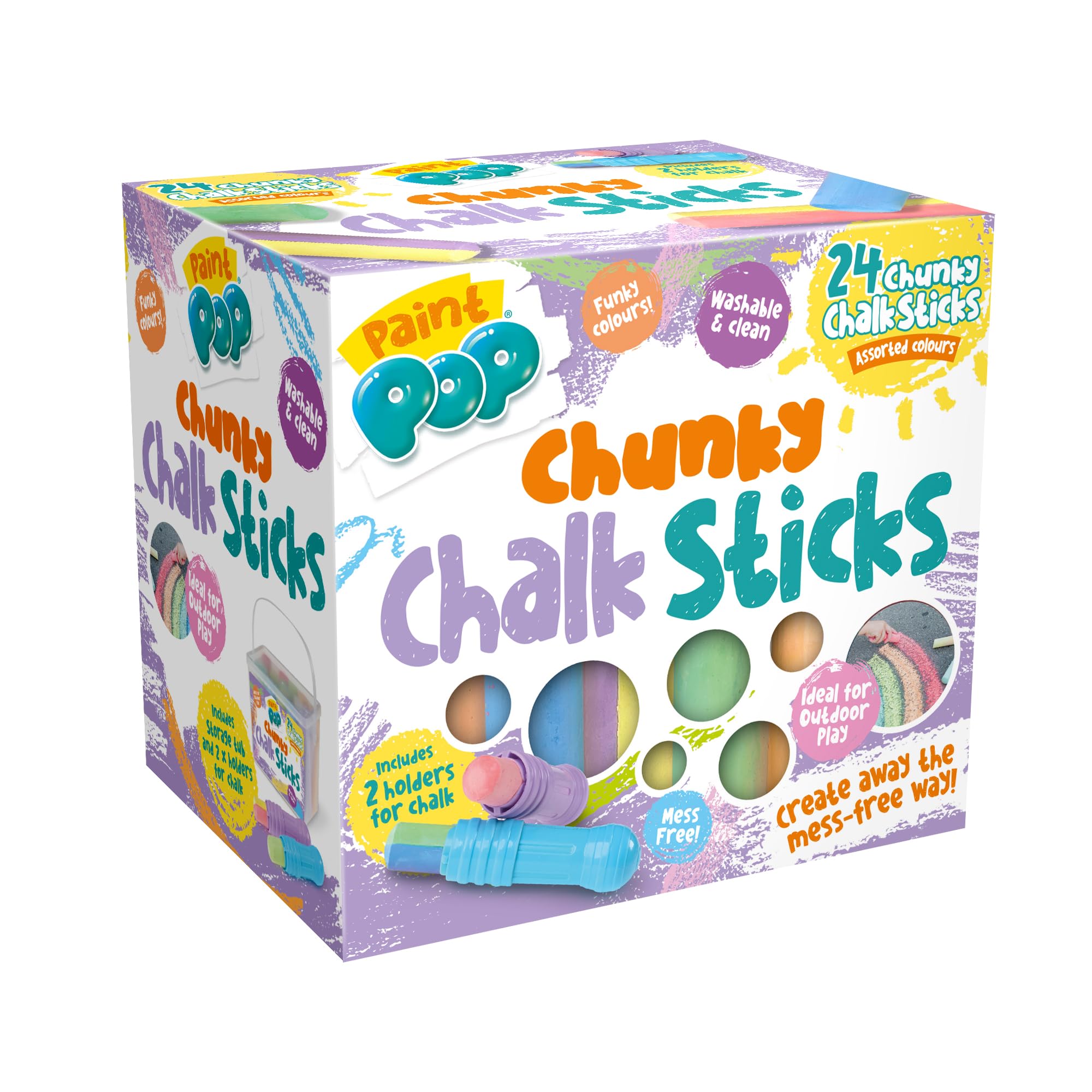 Paint Pop - Chunky Chalk Sticks For Kids - 24 Assorted Colours Tub - Ideal for Outdoor Play & Creative Fun - Multiple Surface, Washable & Clean - Includes Storage Tub and 2 Chalk Holders, 3+ Years
