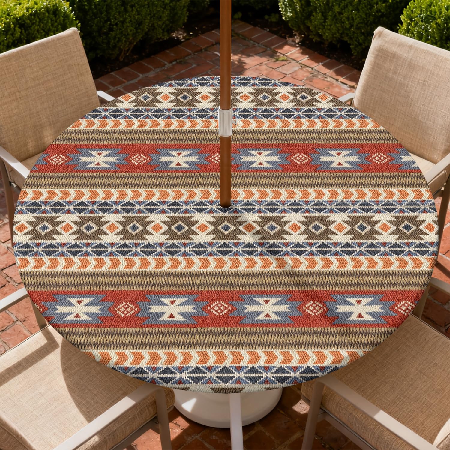 COTAIL Round Outdoor Tablecloth with Zipper and Umbrella Hole, Fitted Table Cloth with Elastic, Oil Waterproof Tablecover for Patio Picnic Camping Garden Fits 32"-36" Round Table, Tribal Pattern