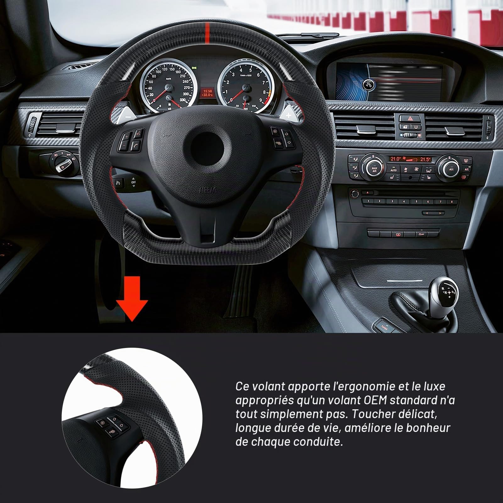 Volant en fibre de carbone véritable fabriqué à la main, volant en forme de D avec fond plat, volant avec pavillons aiguisés pour BMW M Sport 1/3 Série M3/E88 E90 E91 E92 E93 2005-2012