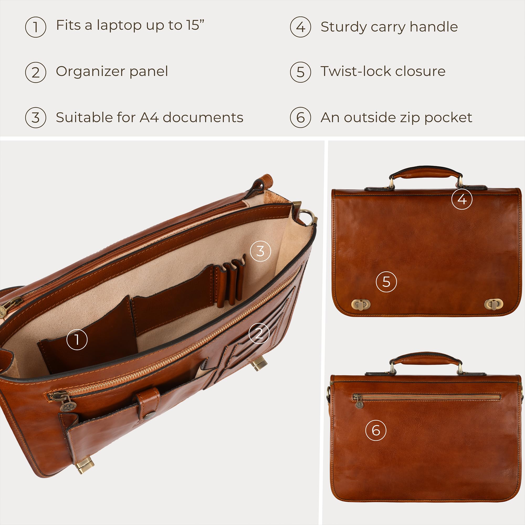 Time Resistance Porte-Documents en Cuir Italien Pleine Fleur pour Hommes Sac à Bandoulière Détachable Fabriqué à la Main pour Ordinateur Portable 15 Pouces