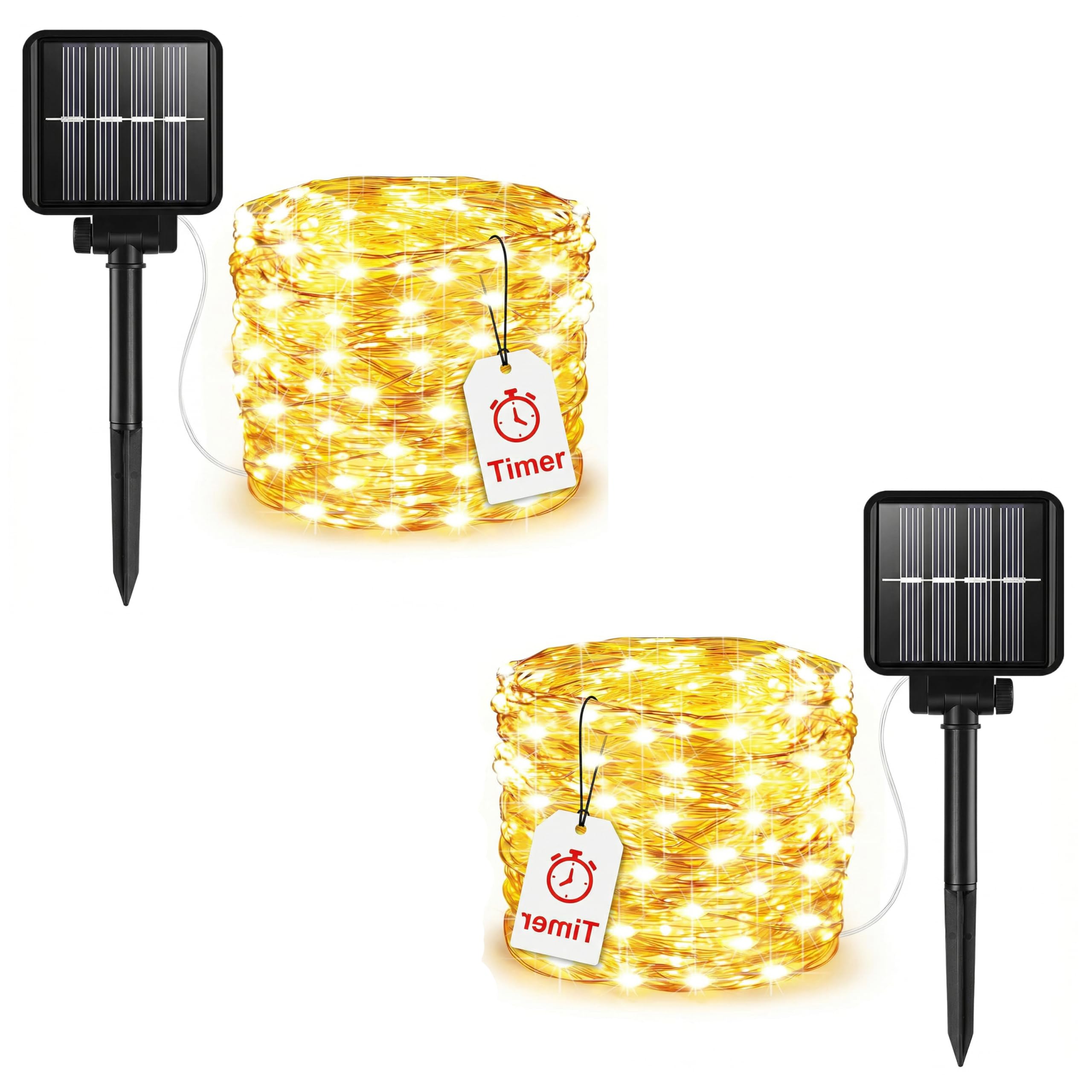 Kimuwote 2 Pack Solar Lights Outdoor, 8M 60LED Solar Garden Light 8 Mode Waterproof Copper Wire Decorative String Lights for Patio, Trees, Party(Warm White)