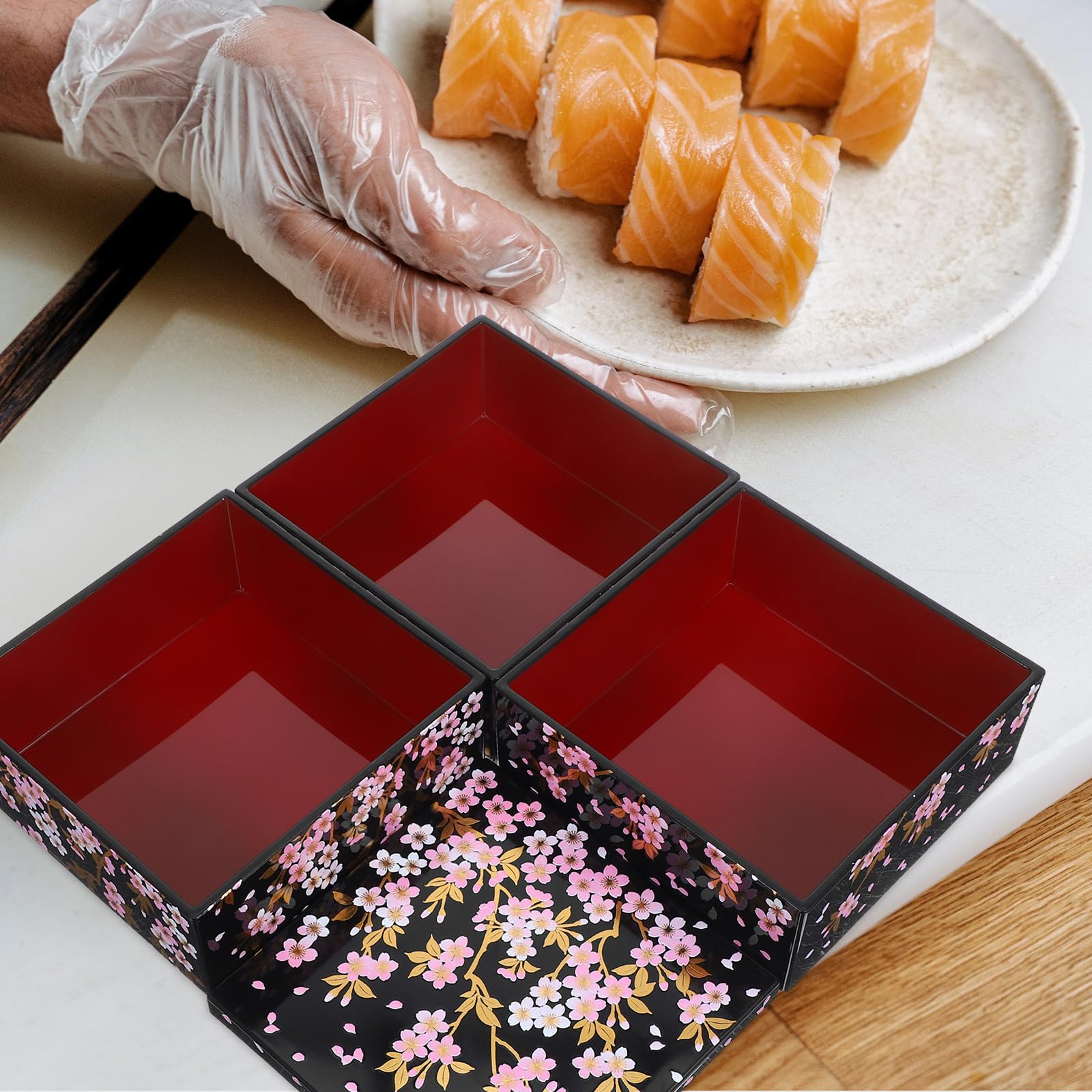 Gadpiparty Scatola Sushi Giapponese a Strati con Decorazione Fiori di Ciliegio Oro Contenitore Raffinato per Snack e Sushi per Feste Pranzi e Picnic