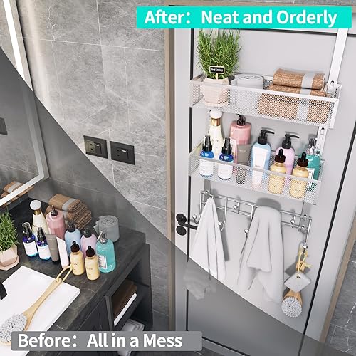 Miniatura 88 de HapiRm Gancho para puerta con 2 cestas de malla y 9 ganchos, acero inoxidable 304 sin perforaciones sobre el colgador de puerta, organizador