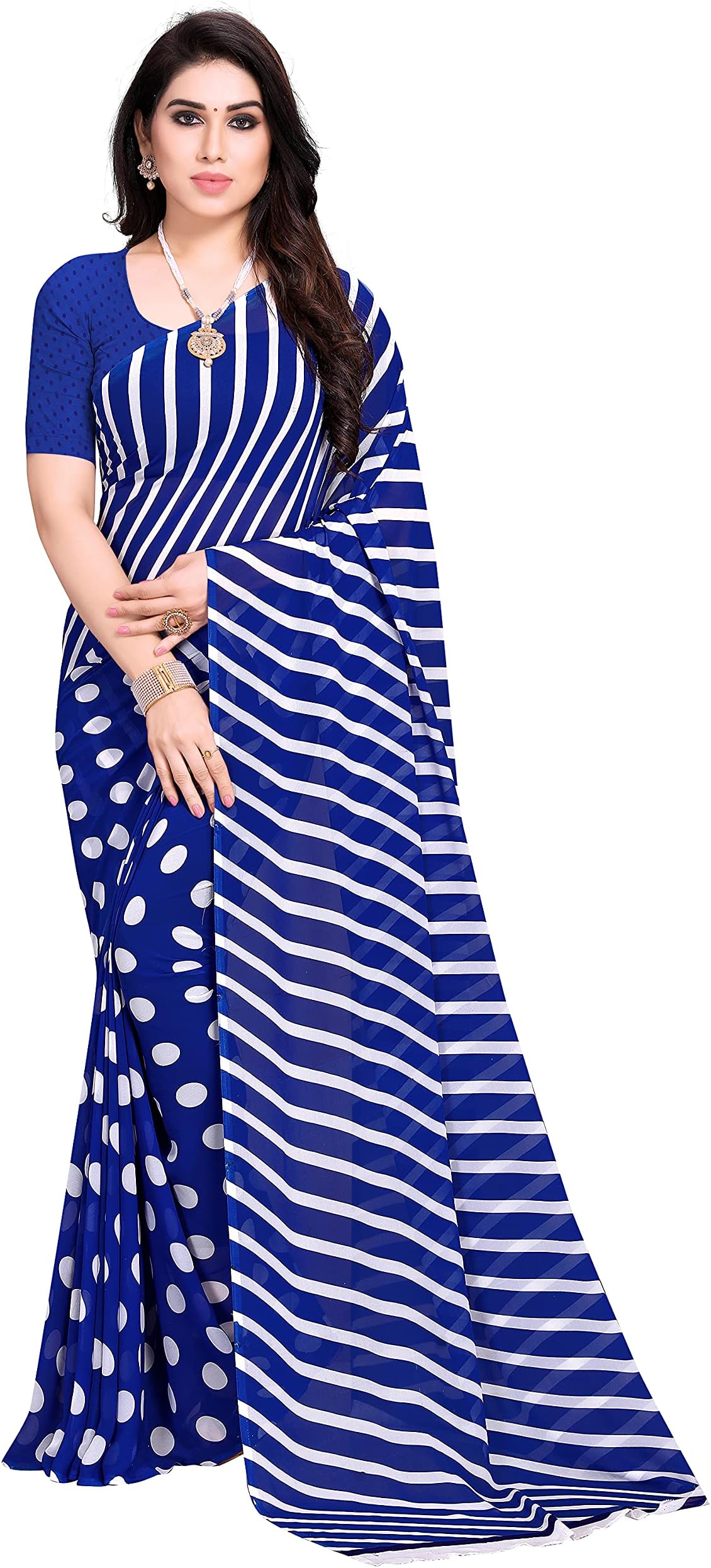 ANAND SAREESGeorgette Blue Stripes Polka Printed Casual Wear Saree with Un-stitched Blouse Piece(1670_1)