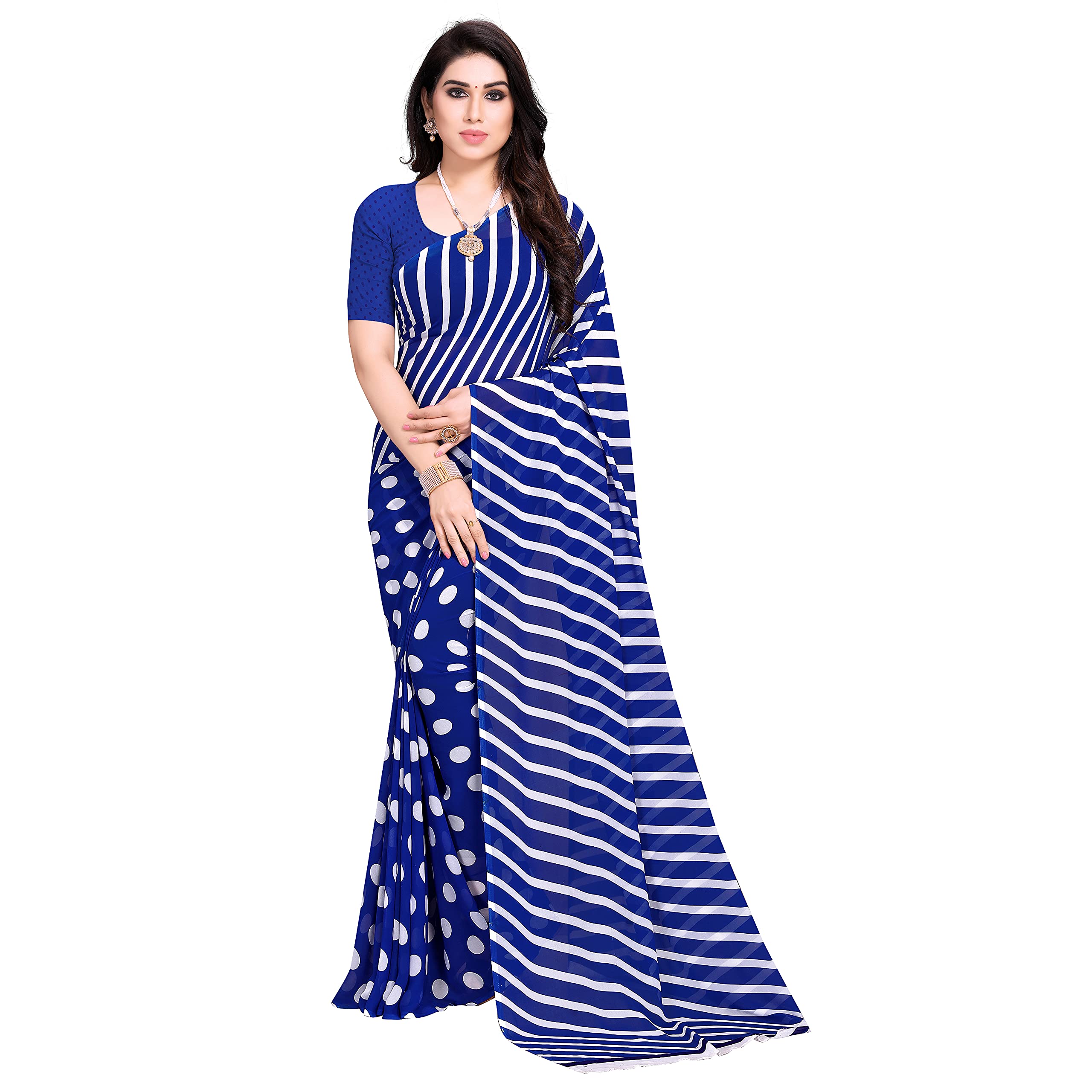 ANAND SAREESGeorgette Blue Stripes Polka Printed Casual Wear Saree with Un-stitched Blouse Piece(1670_1)