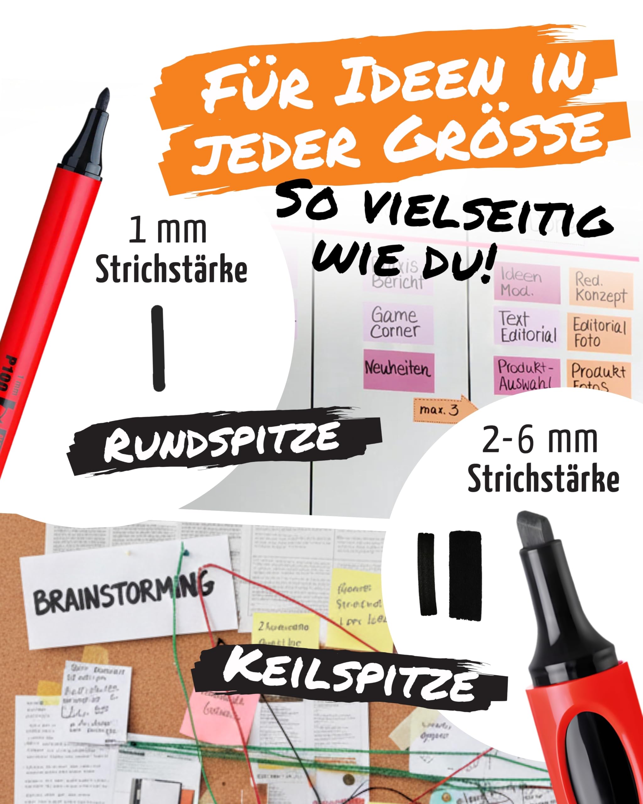 Neuland Estatics Ideenkarten-Set I Schwarze Permanentmarker No.One Estatics Keilspitze & FineOne Estatic Rundspitze I Inkl. Moderationskarten je 100 Blätter Large & Medium & 50 Blatt Estatics-Pad