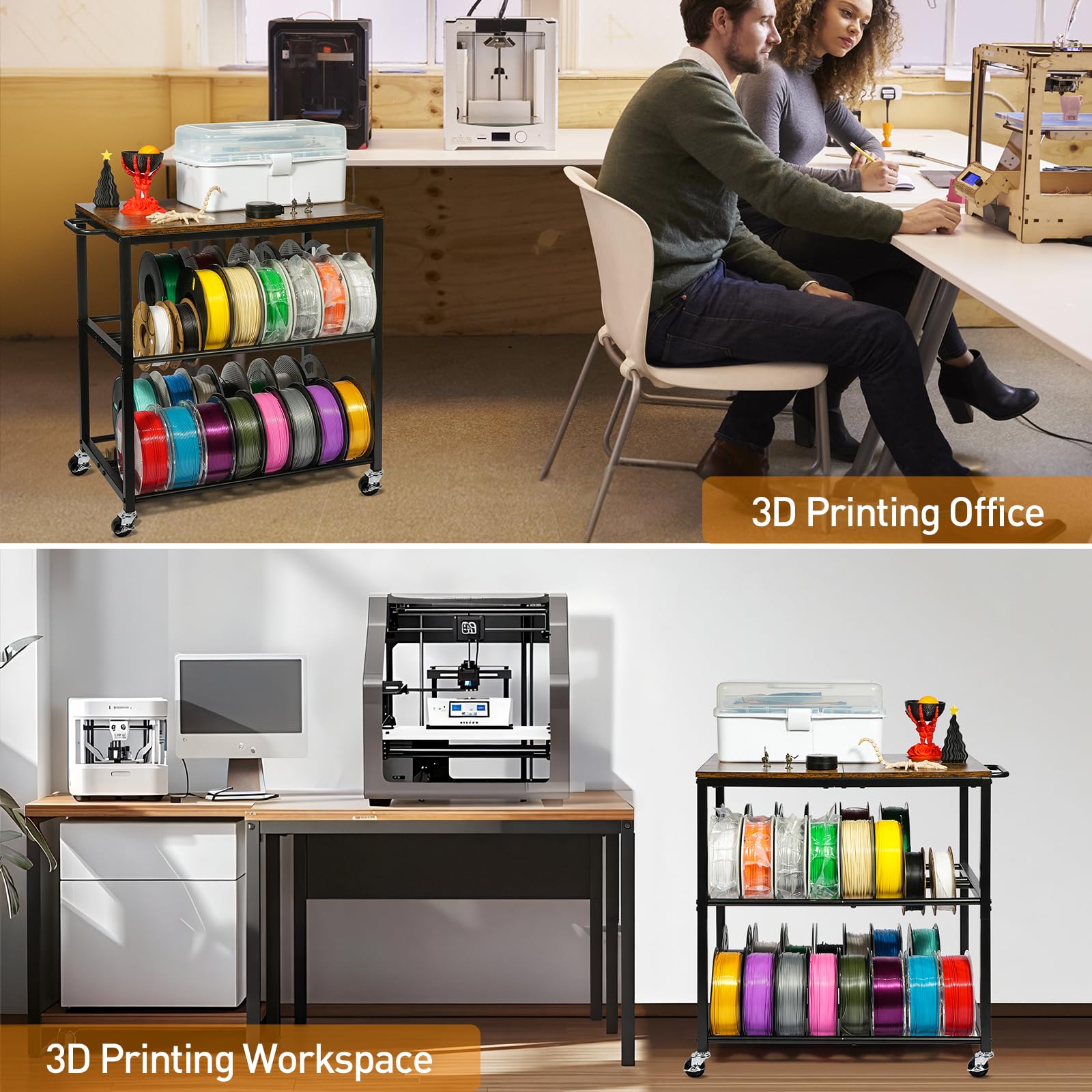 ikkle 3D-Drucker Filament Lagerregal mit Rädern – Schweres Metall Spulenhalter, 3-Etagen 3D Druckerzubehör Organizer für PLA/ABS/TPU/Nylon – Für 3D-Druckstation, Büro & Werkstatt, Braun