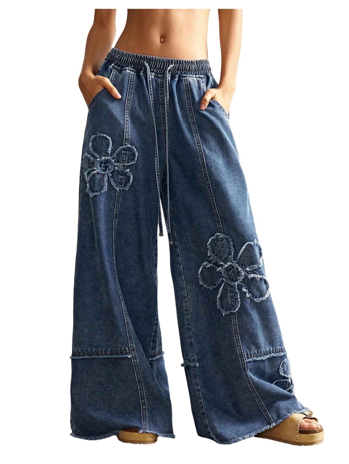 BEAUDRM Women's Y2K Baggy Jeans Wide Leg Jeans Denim Boho Pants Floral, Low Rise, Drawstring, Elastic Waist, Pockets