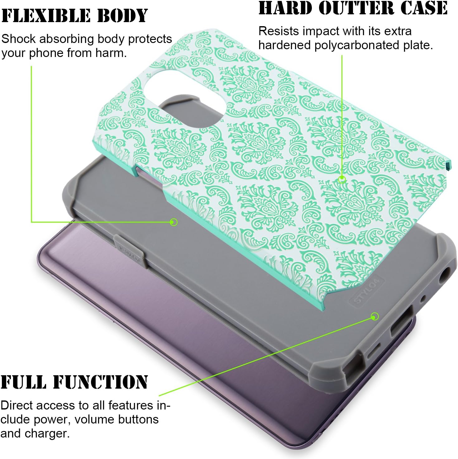 STARSHOP Compatible For -LG Stylo 4 Phone Case, with [Premium HD Screen Protector Included], Shock Absorption Impact Advanced Protective Phone Cover - Teal Lace