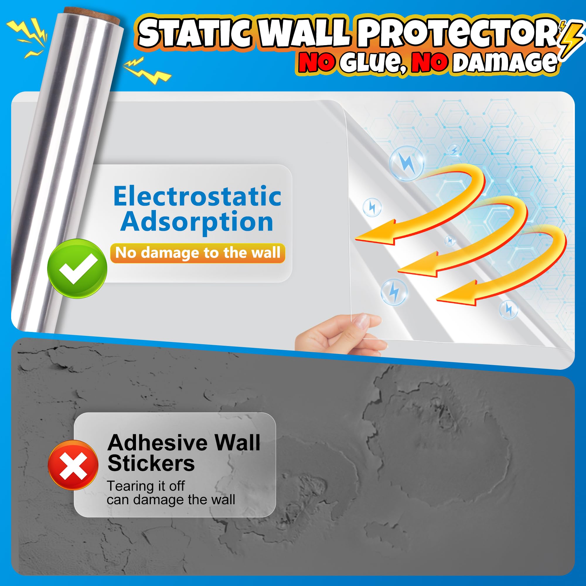 Loiion Film Statique Transparent, Films de Protection Murale 60cm x 1000cm