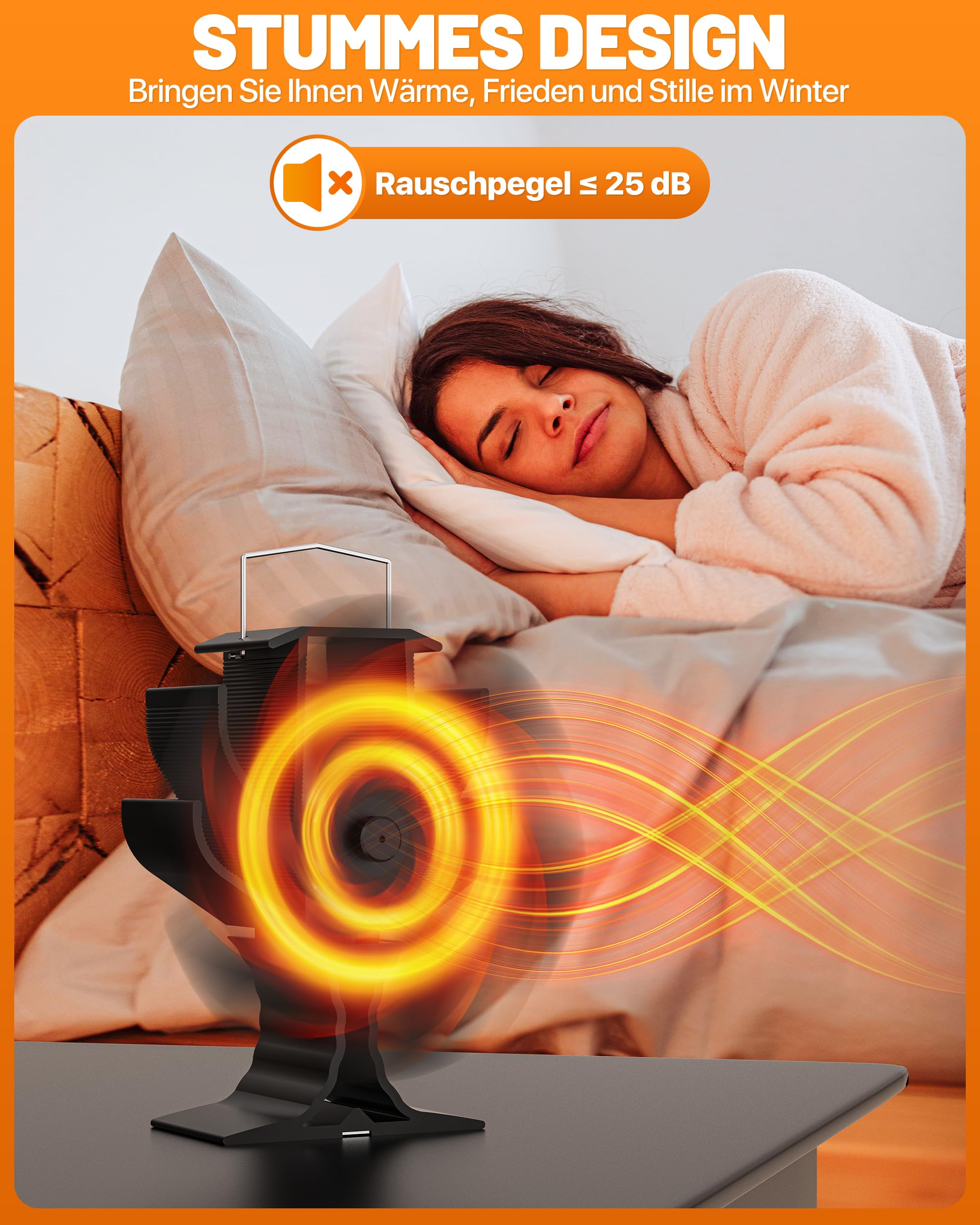 Ofenventilator, Kaminventilator ohne Strom, Leiser Betrieb 6 Blättern Kaminlüfter für Wärmeverteilung am Kamin/Holzofen