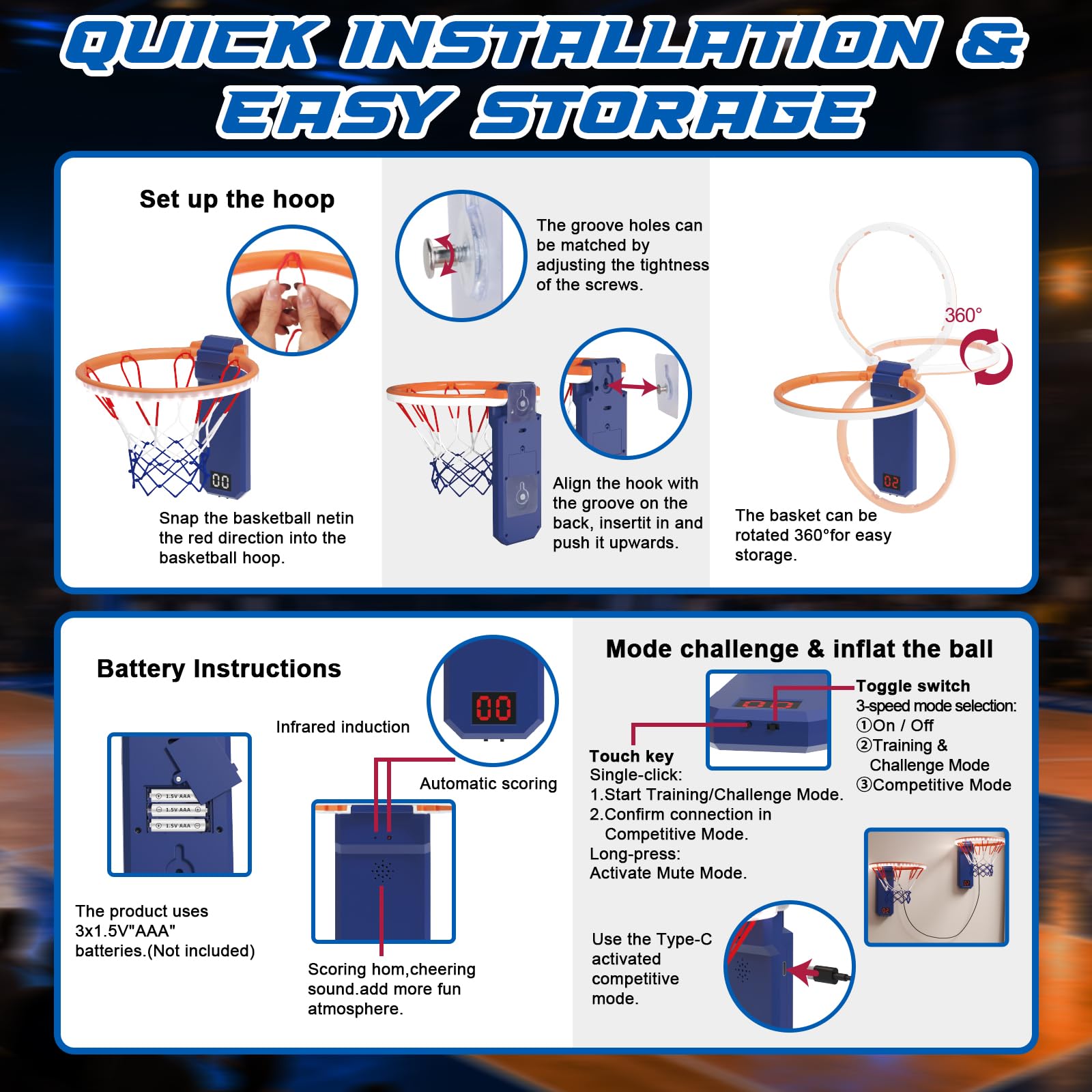 TERRAMUS Mini Canestro da Basket, Set da 2 Canestri da Basket con Pannello di Visualizzazione Elettronico, Canestro da Basket Regolabile in Altezza per Bambini, 4 Palle, 1 Pompa ad Aria, Regalo per
