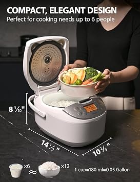 Toshiba Rice Cooker 6 Cup Uncooked Japanese Rice Cooker with Fuzzy Logic Technology, 7 Cooking Functions, Digital Display, 2 Delay Timers and Auto Keep Warm, Non-Stick Inner Pot, White