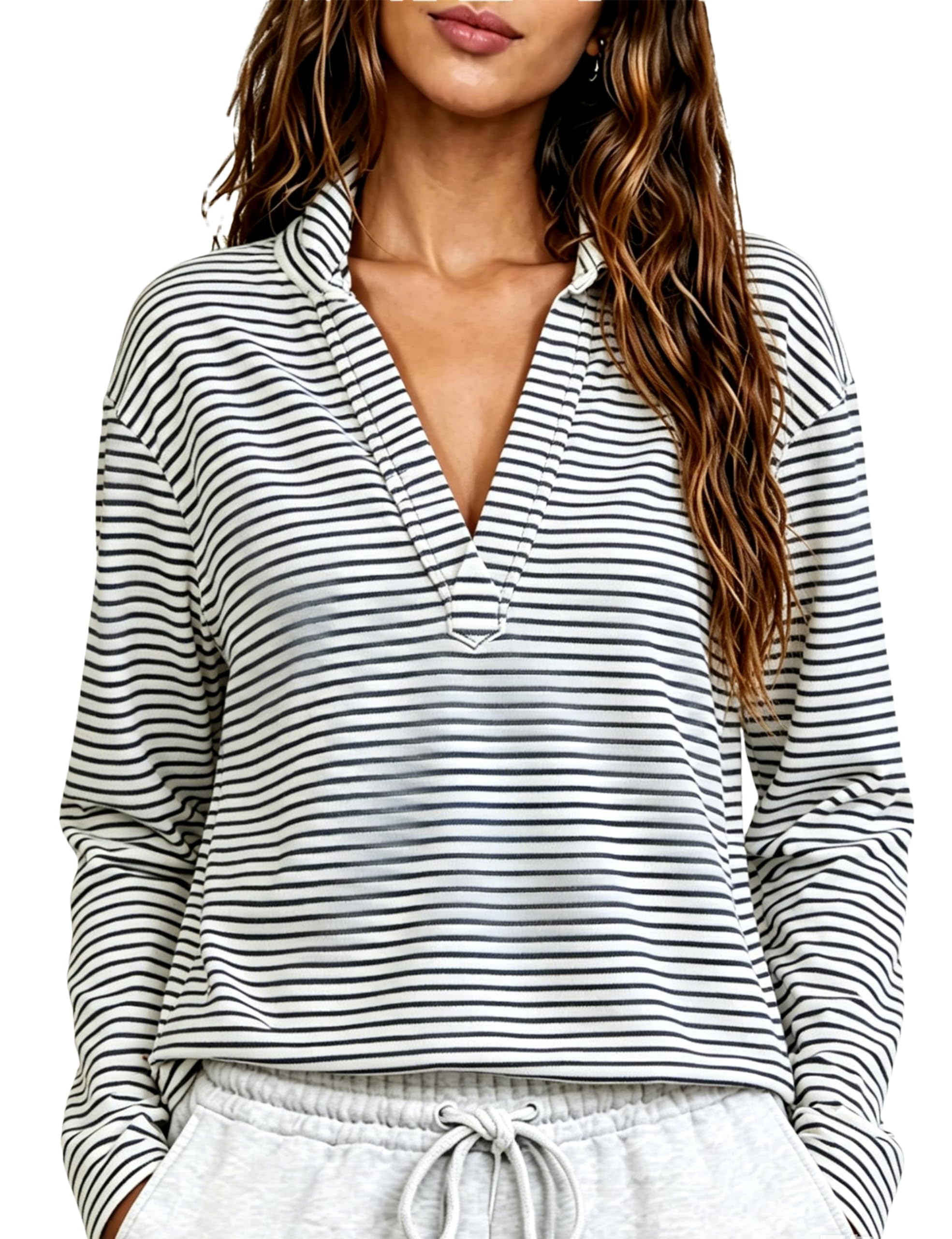 Women's Casual V Neck Pullover Sweatshirt Long Sleeve Solid Color/Stripe Polo Collared Shirts Tops-image-44