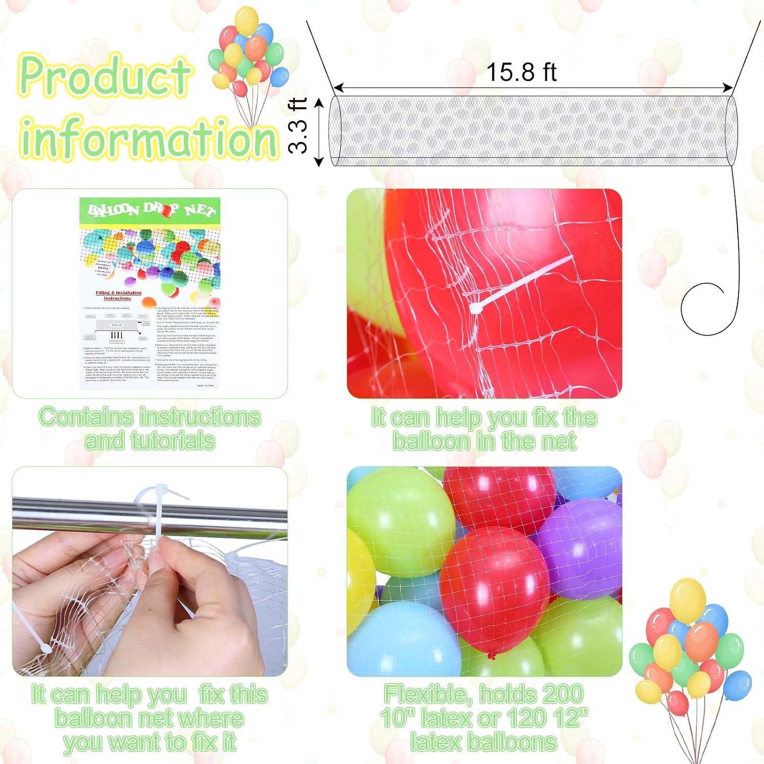 Haull Balloon Drop Net for Ceiling Release Wedding Birthday Balloon Drop Net for New Year's Celebration Baby Shower Graduation Decoration Party Supplies(15.8 x 3.3 ft)