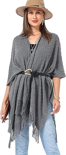 Vista 28 de Soul Young - Chal de punto para mujer, poncho con flecos y capa