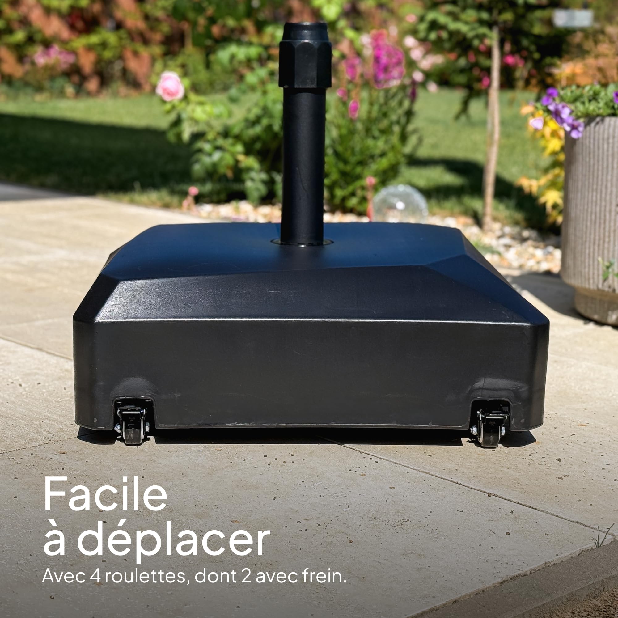 UNIGARDIA Pied de Parasol sur roulettes 76 kg - Lourd à Remplir Eau/Sable - pour Mâts de Ø 35–48 mm - Anti-Vent, Terrasse et Jardin 54,5x54,5x20 cm