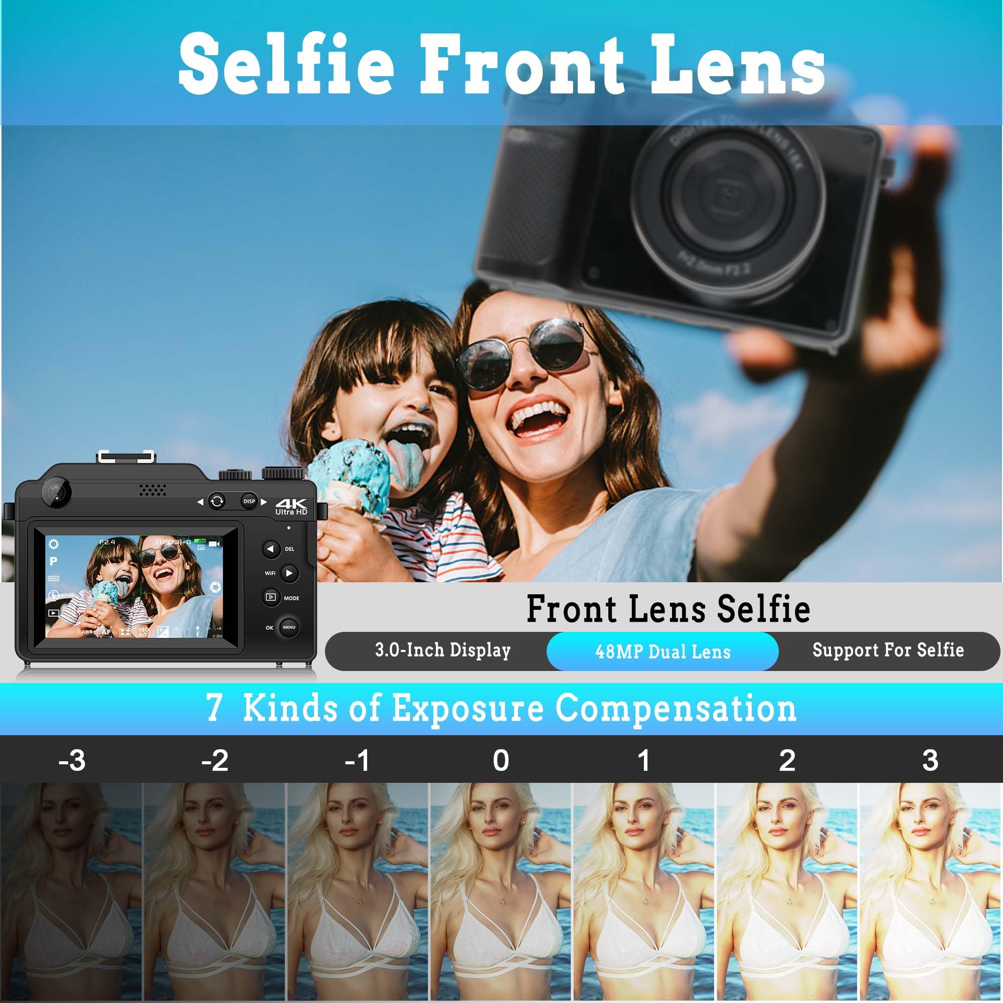 Fotocamera digitale 4K con due lenti: fotocamera da 48 MP, zoom 18x, fotocamera compatta da 3 pollici, fotocamera portatile con scheda da 32 GB, per adolescenti, principianti, bambini, colore nero